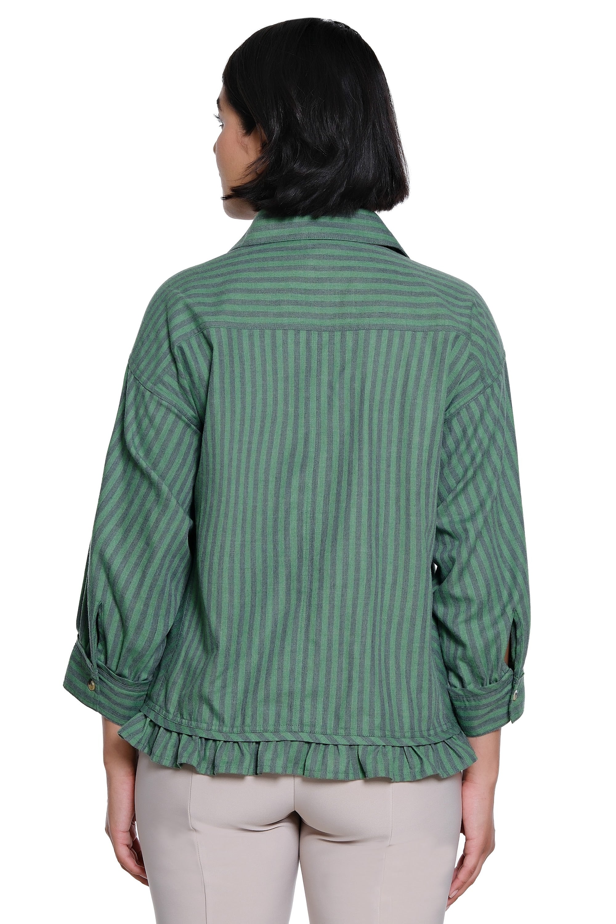 Y/D Woven Button Front Top with 3/4 Sleeves and Curved Ruffle Hem - Petite - Herb Stripe - view 2