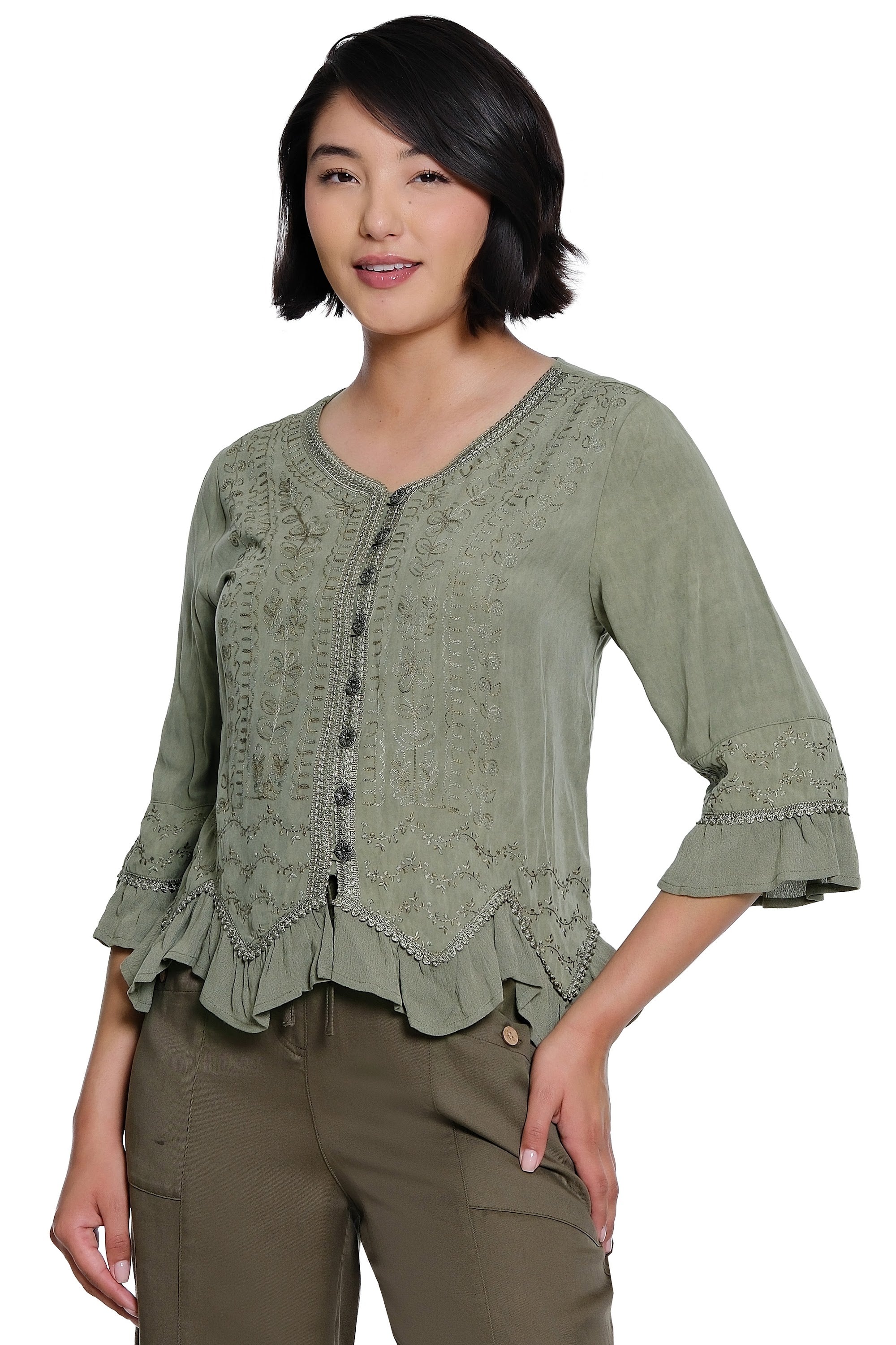Woven Button Front Top with V-Neck Embroidery and Handkerchief Hem - Sage Green