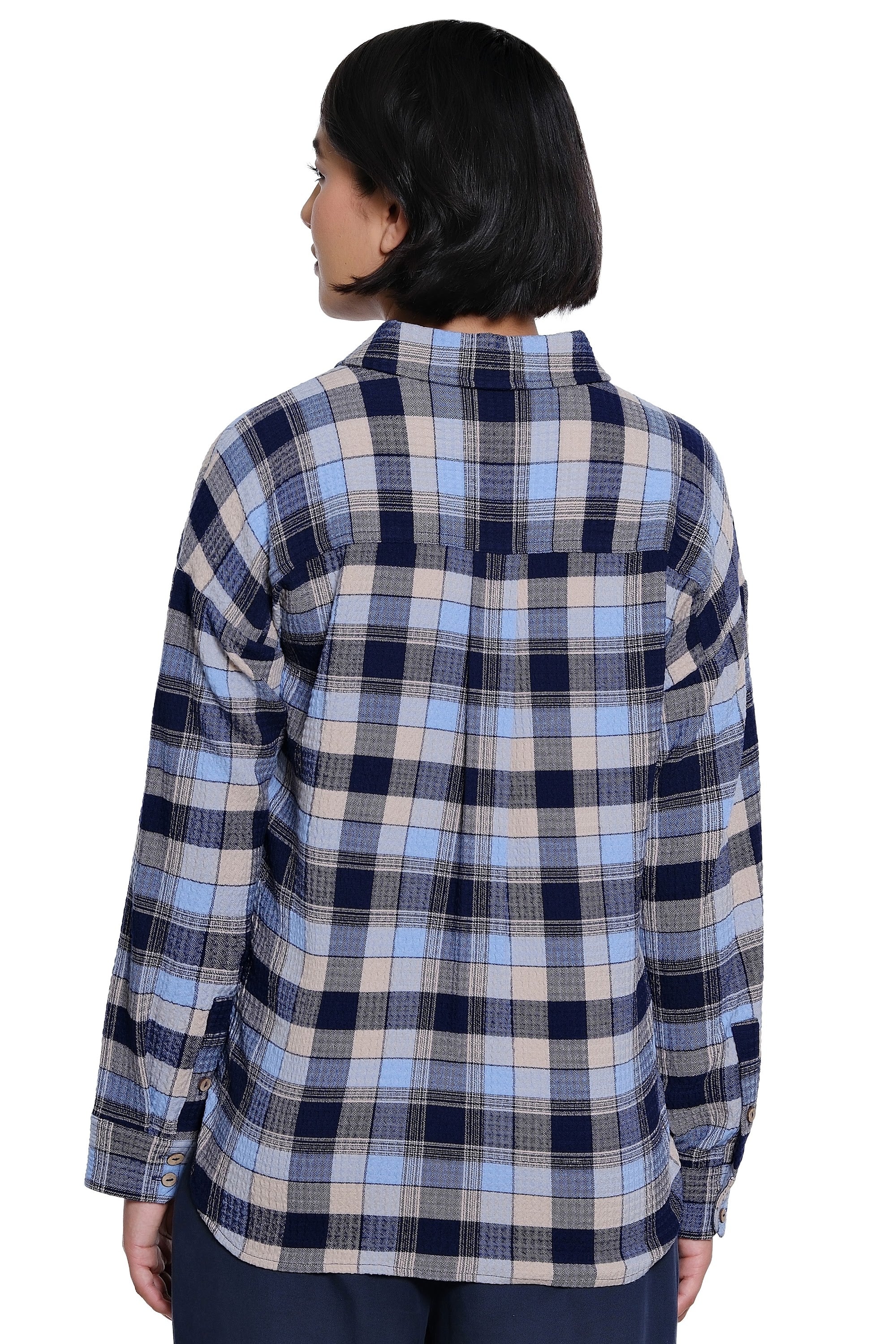 Y/D Knit Button Front Top with Point Collar and Long Sleeves - Blue Plaid - view 2