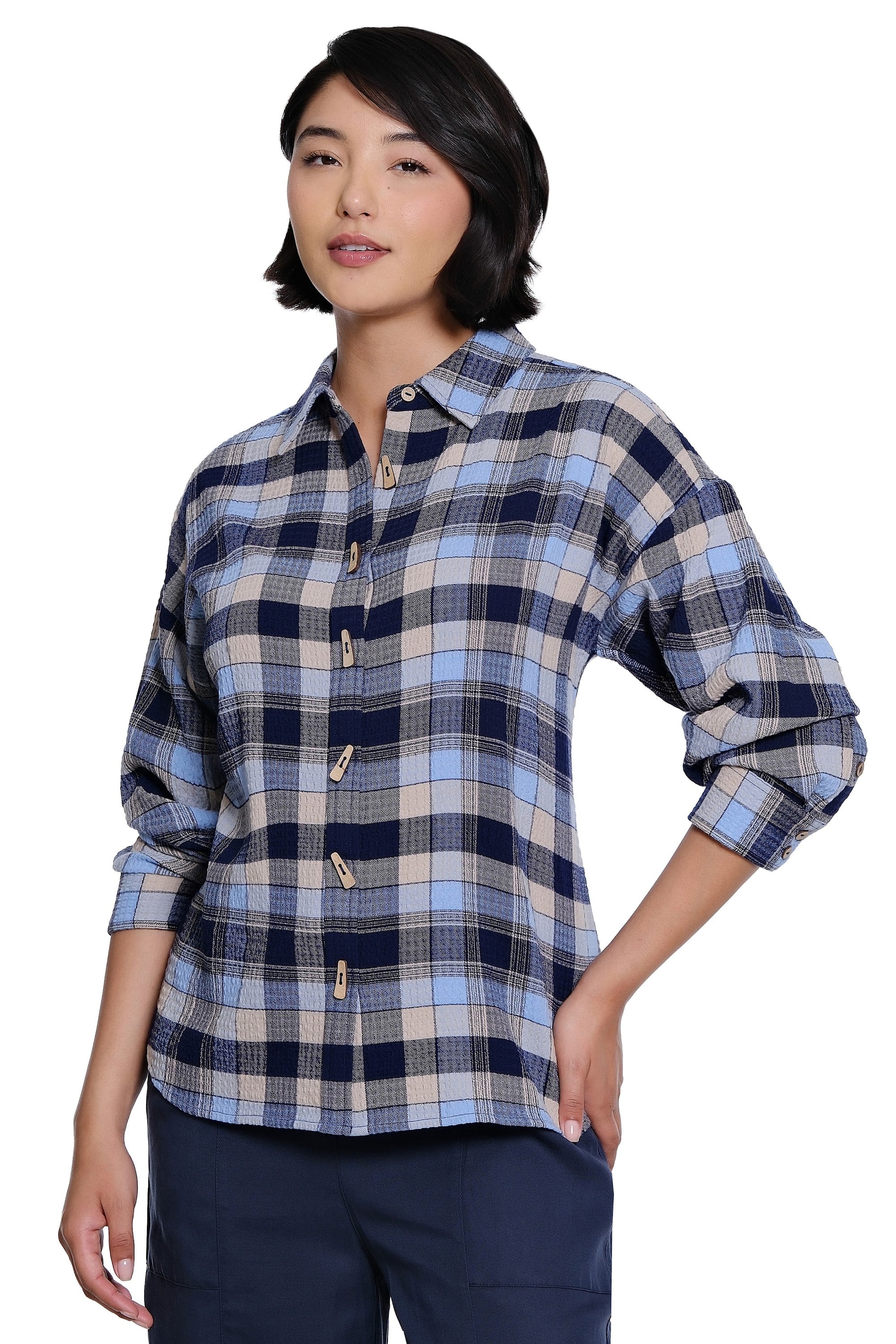 Y/D Knit Button Front Top with Point Collar and Long Sleeves - Plus - Blue Plaid
