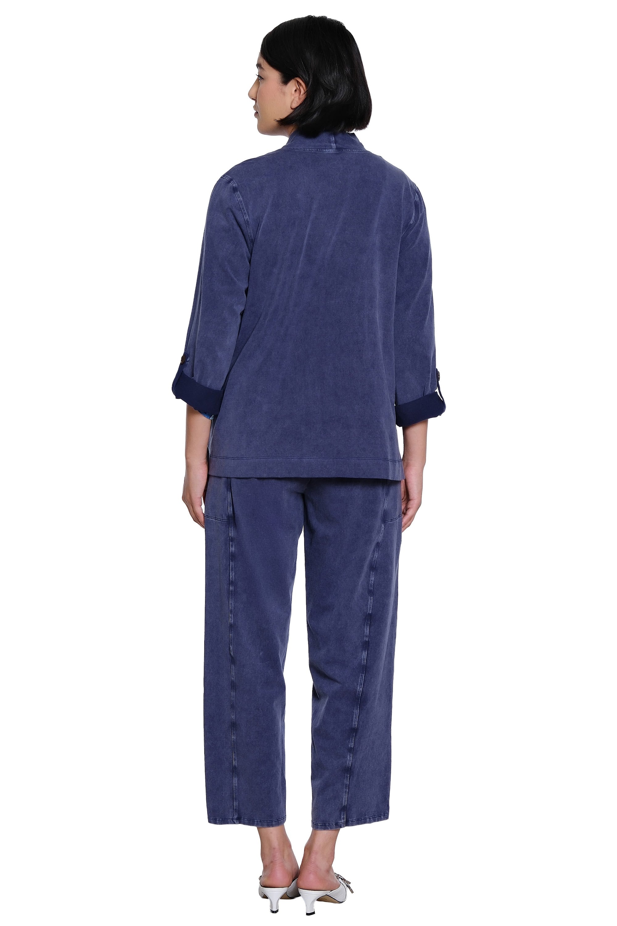 Knit Pull On Barrel Leg Pant with Elastic Waistband and Side Pockets - Vintage Blue - view 2