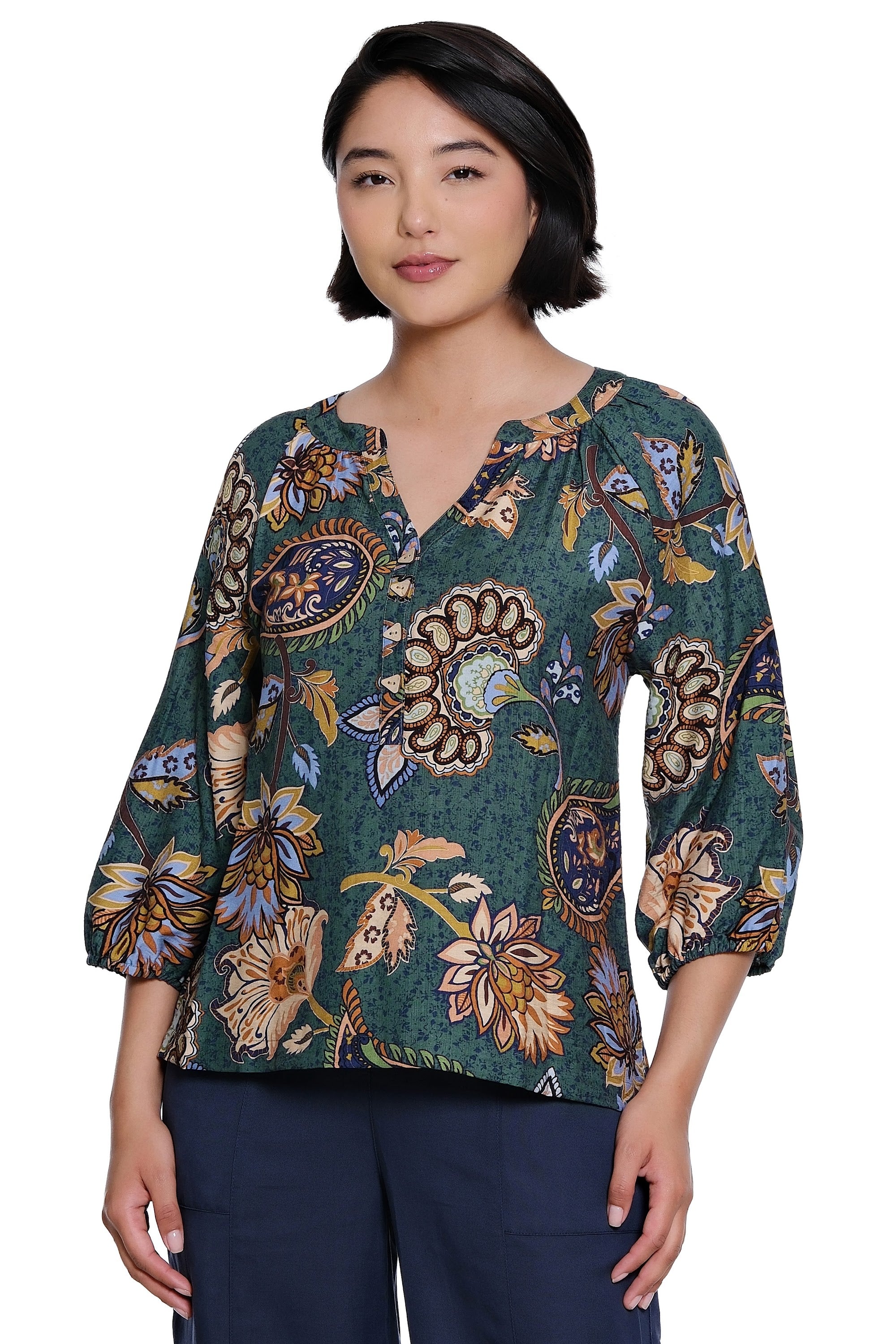 Printed Woven Popover with V-Neck and Raglan 3/4 Sleeves - Petite - Floral Multi