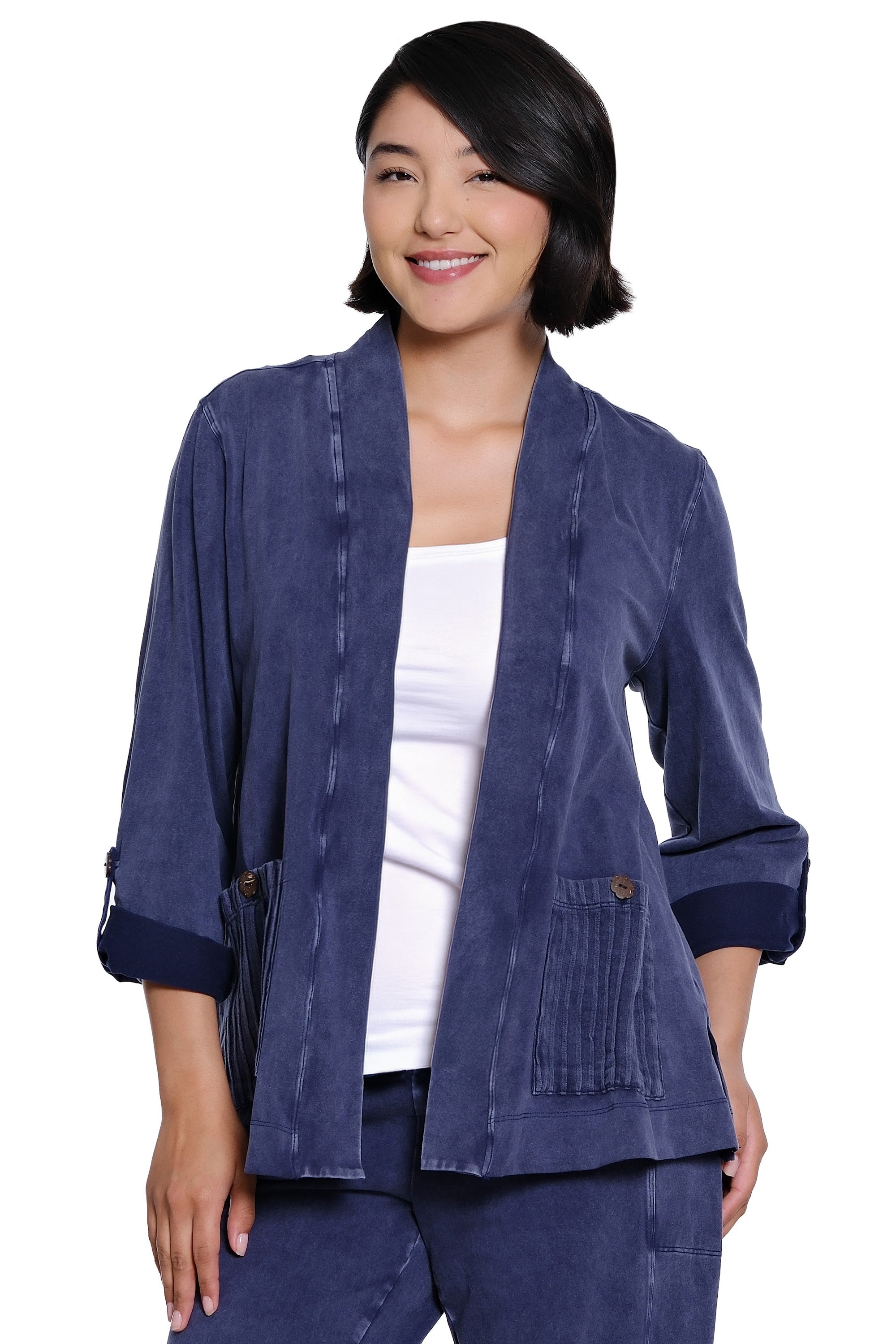 Knit Open Front Jacket with 3/4 Roll-Tab Sleeves and Patch Pockets - Vintage Blue