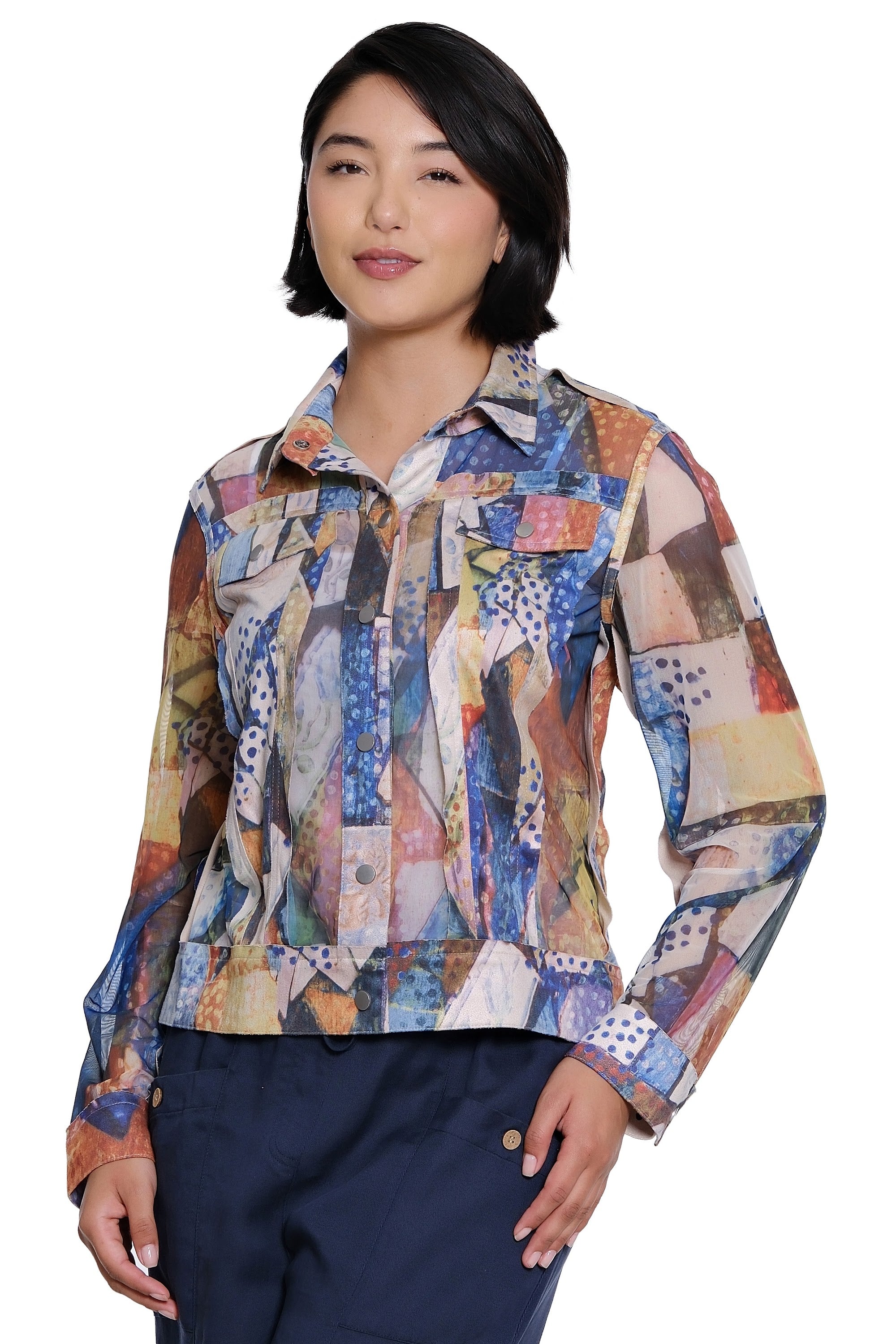 Printed Knit Mesh Button Front Jacket with Brushed Woven Trim - Petite - Cool Floral