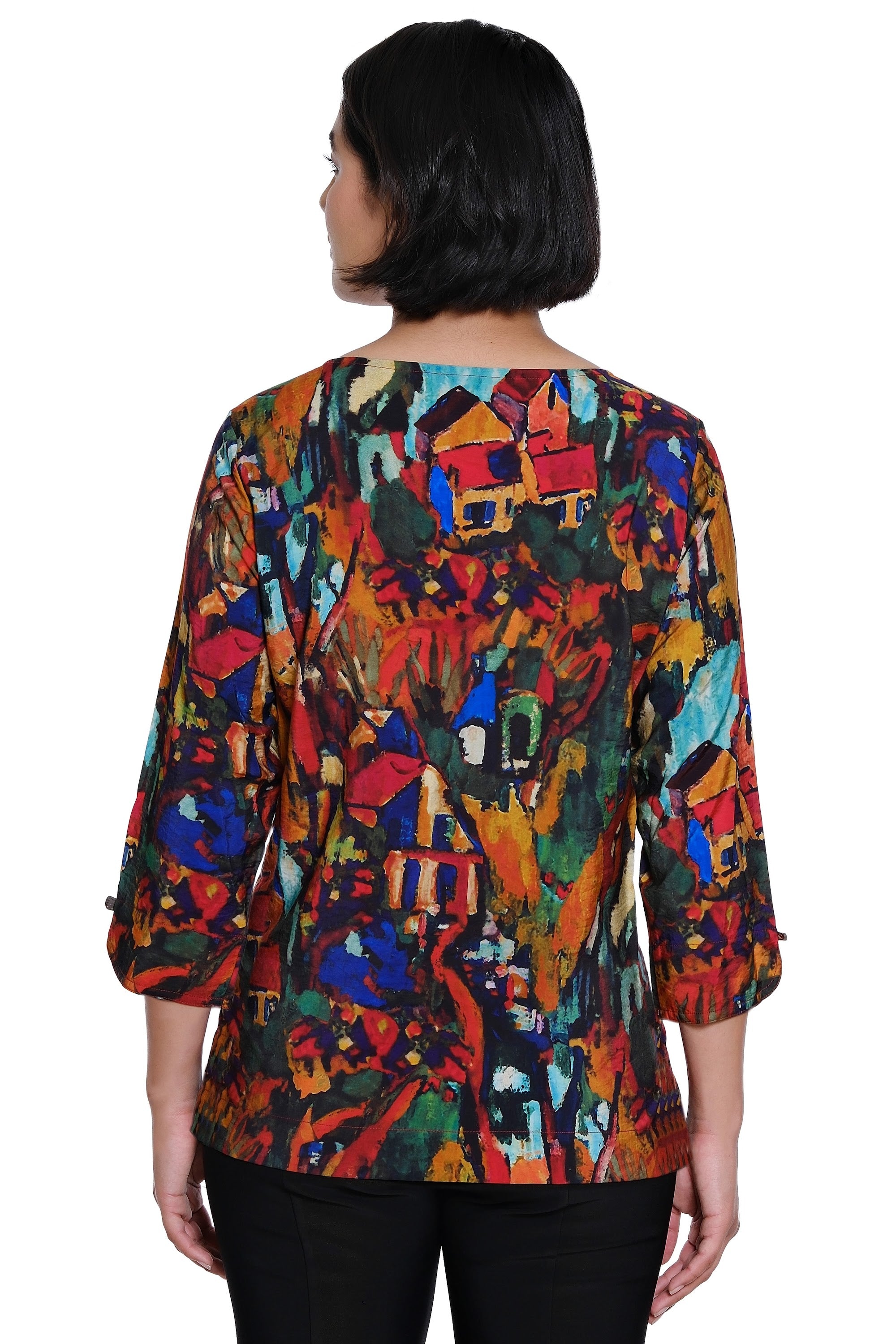 Printed Woven Popover with Rounded Neck and Front Pockets - Petite - Abstract Multi - view 2