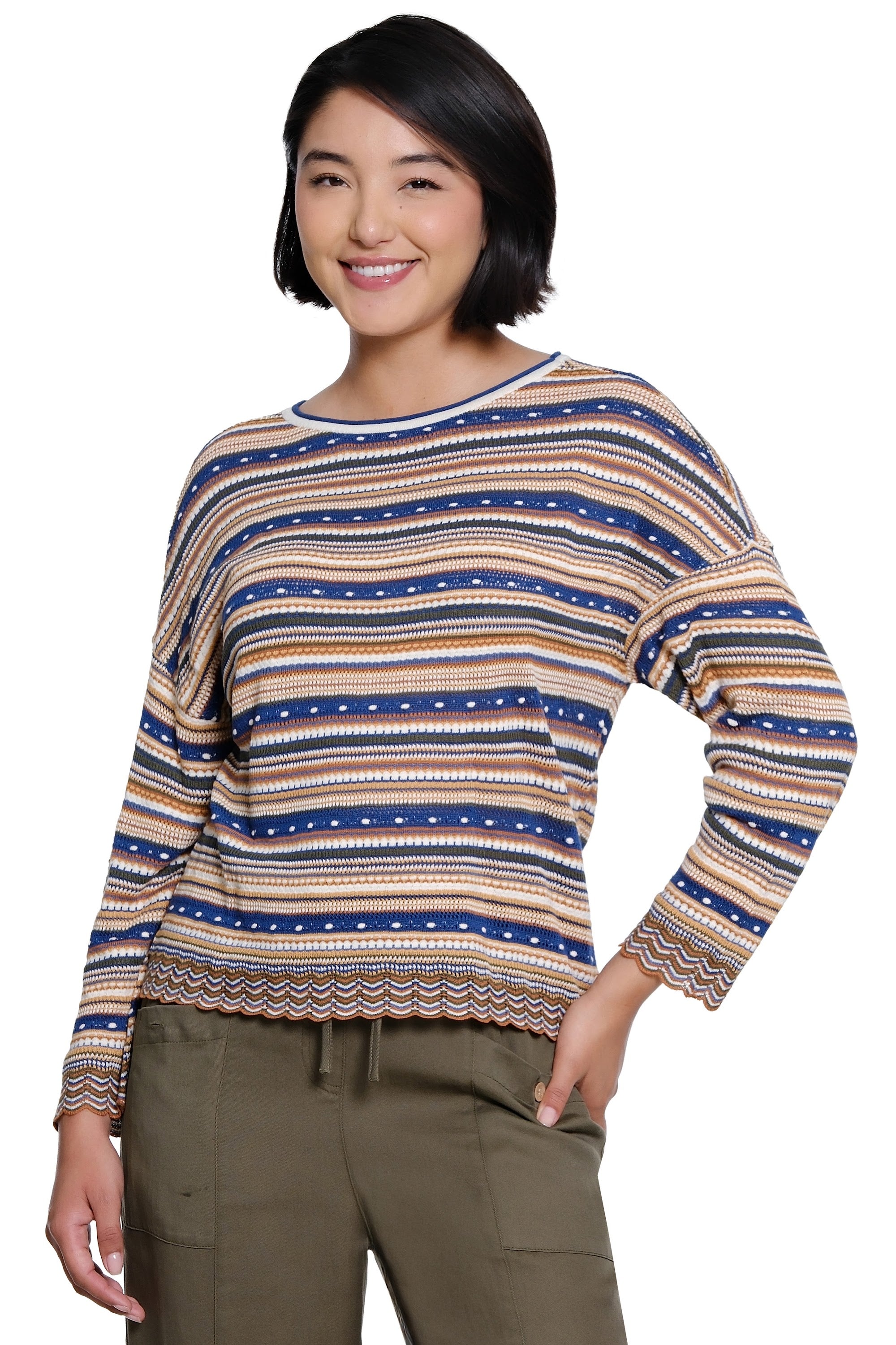 Y/D Stripe Sweater Popover with Long Sleeves and Scalloped Hem - Horizon