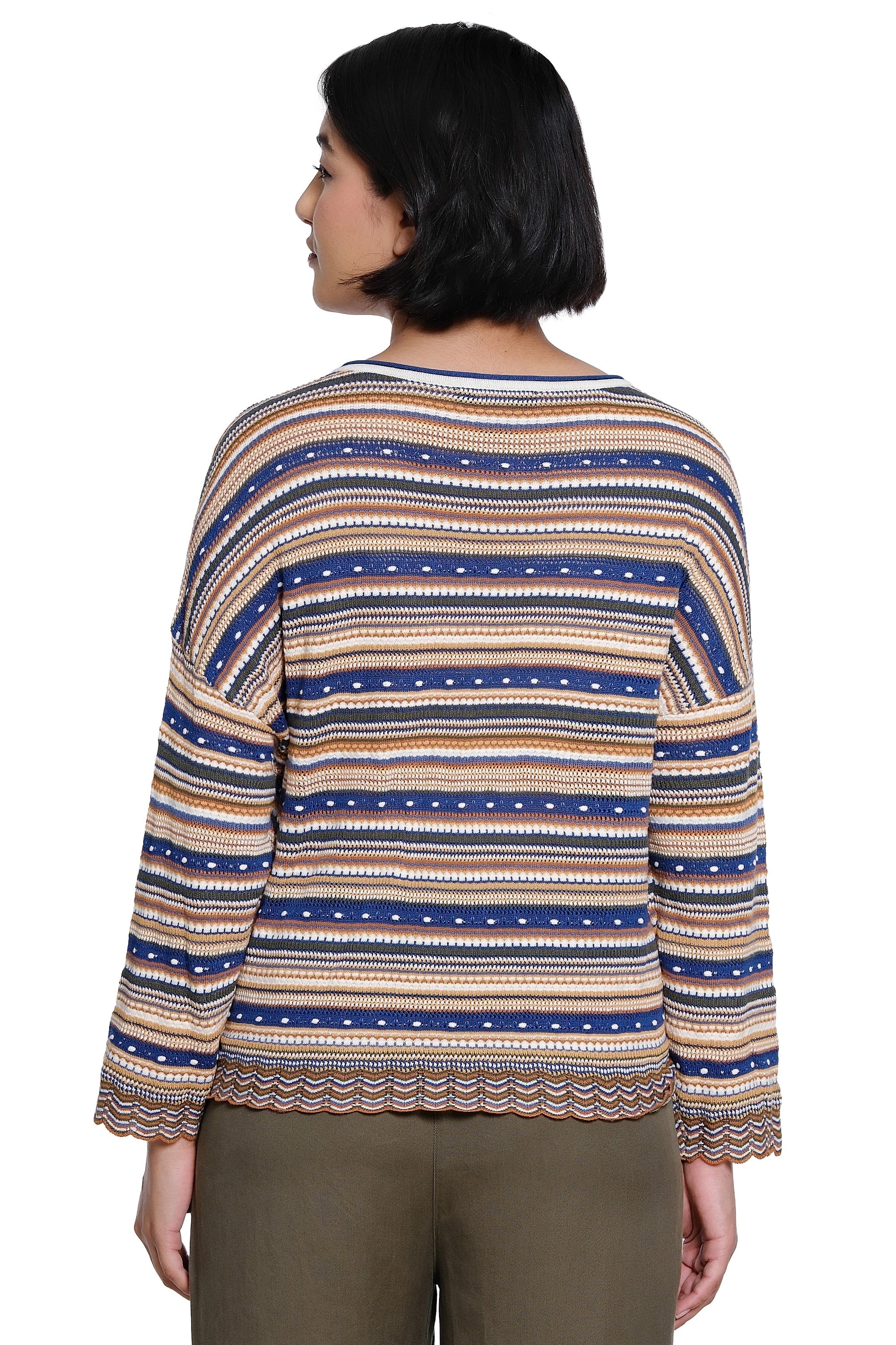Y/D Stripe Sweater Popover with Long Sleeves and Scalloped Hem - Petite - Horizon - view 2