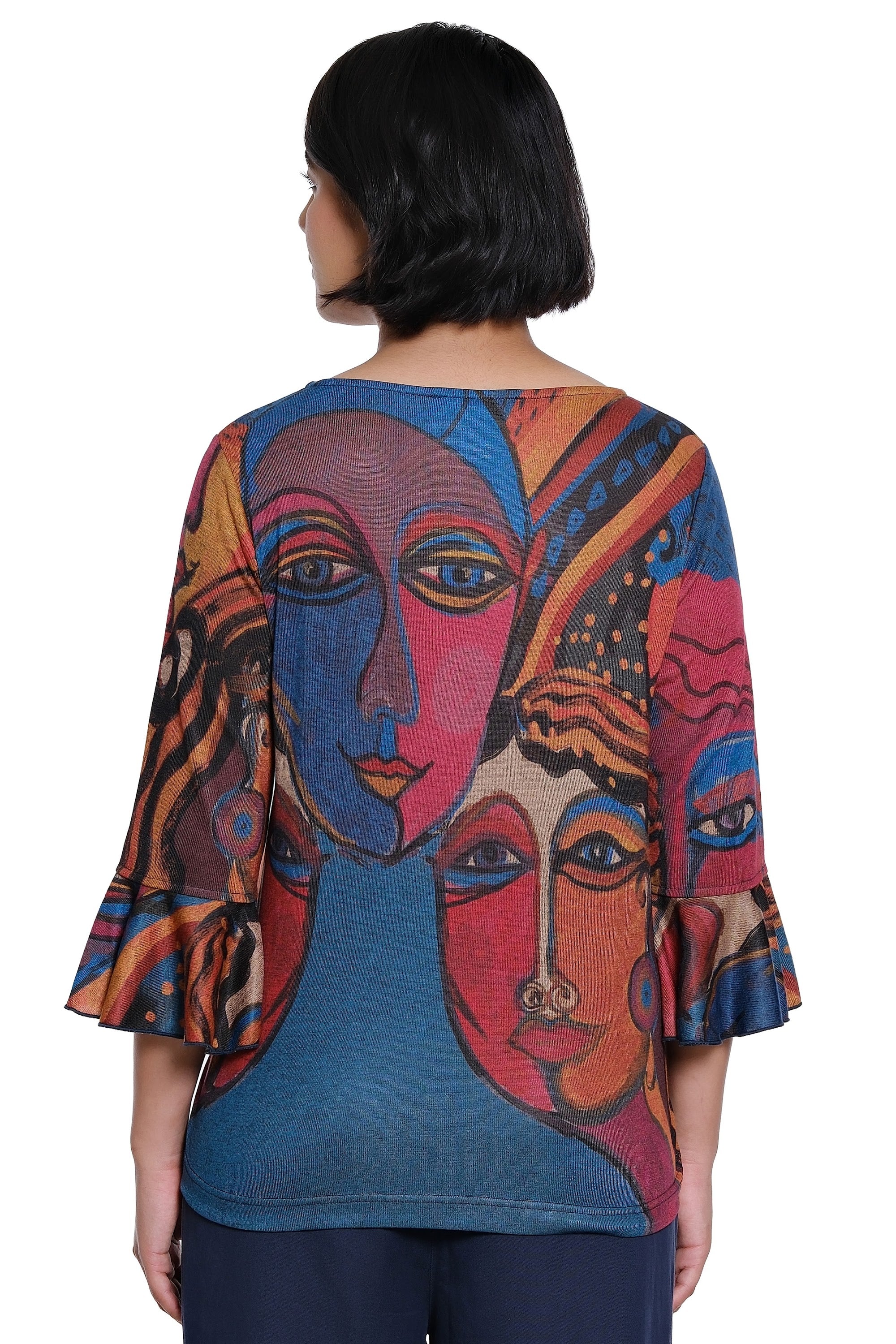 Printed Knit Popover with Rounded Collar and 3/4 Bell Cuff Sleeves - Abstract Multi - view 2