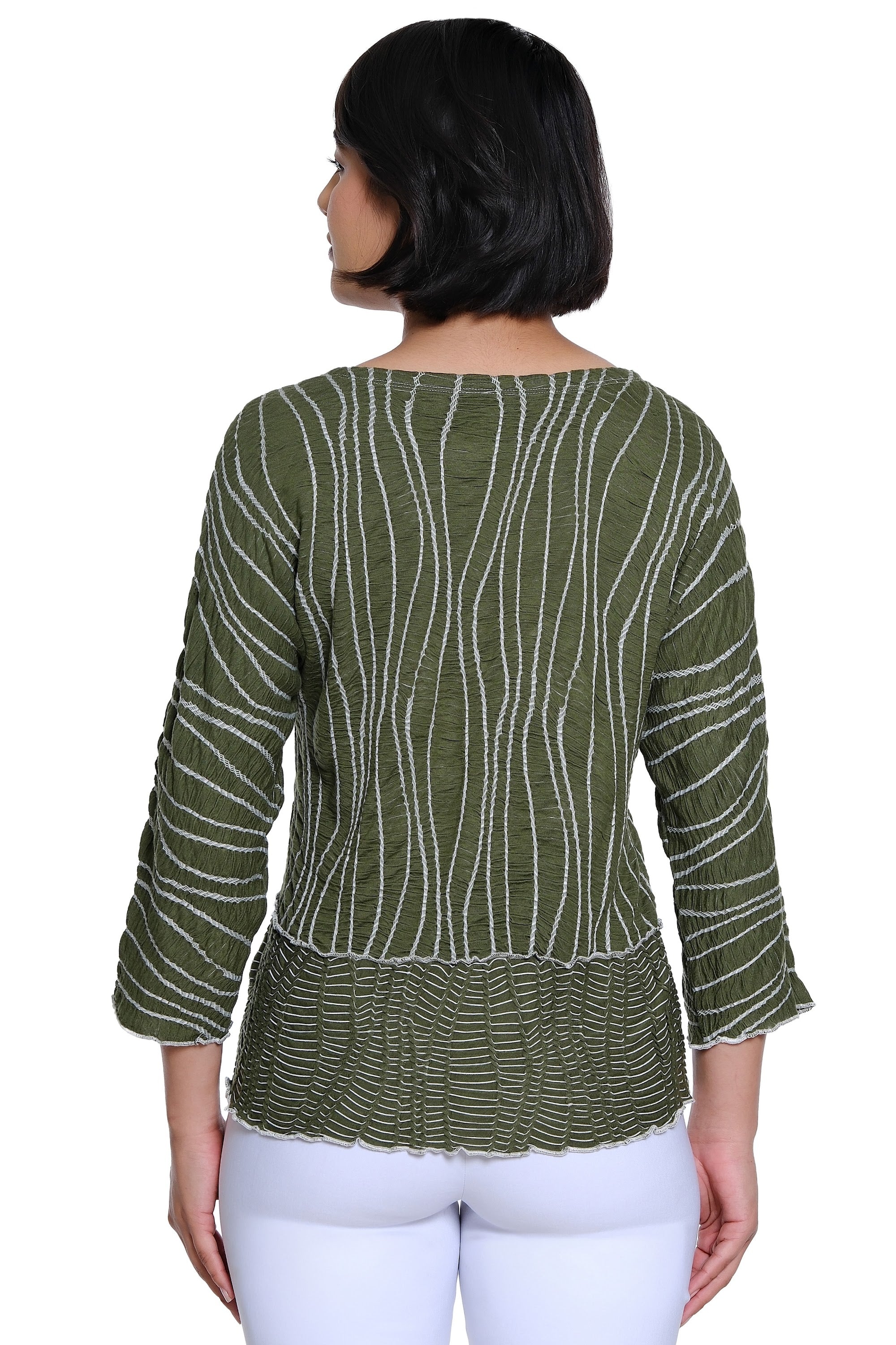 Y/D Textured Knit Popover Top with Rounded Neck and 3/4 Raglan Sleeves - Olive - view 2