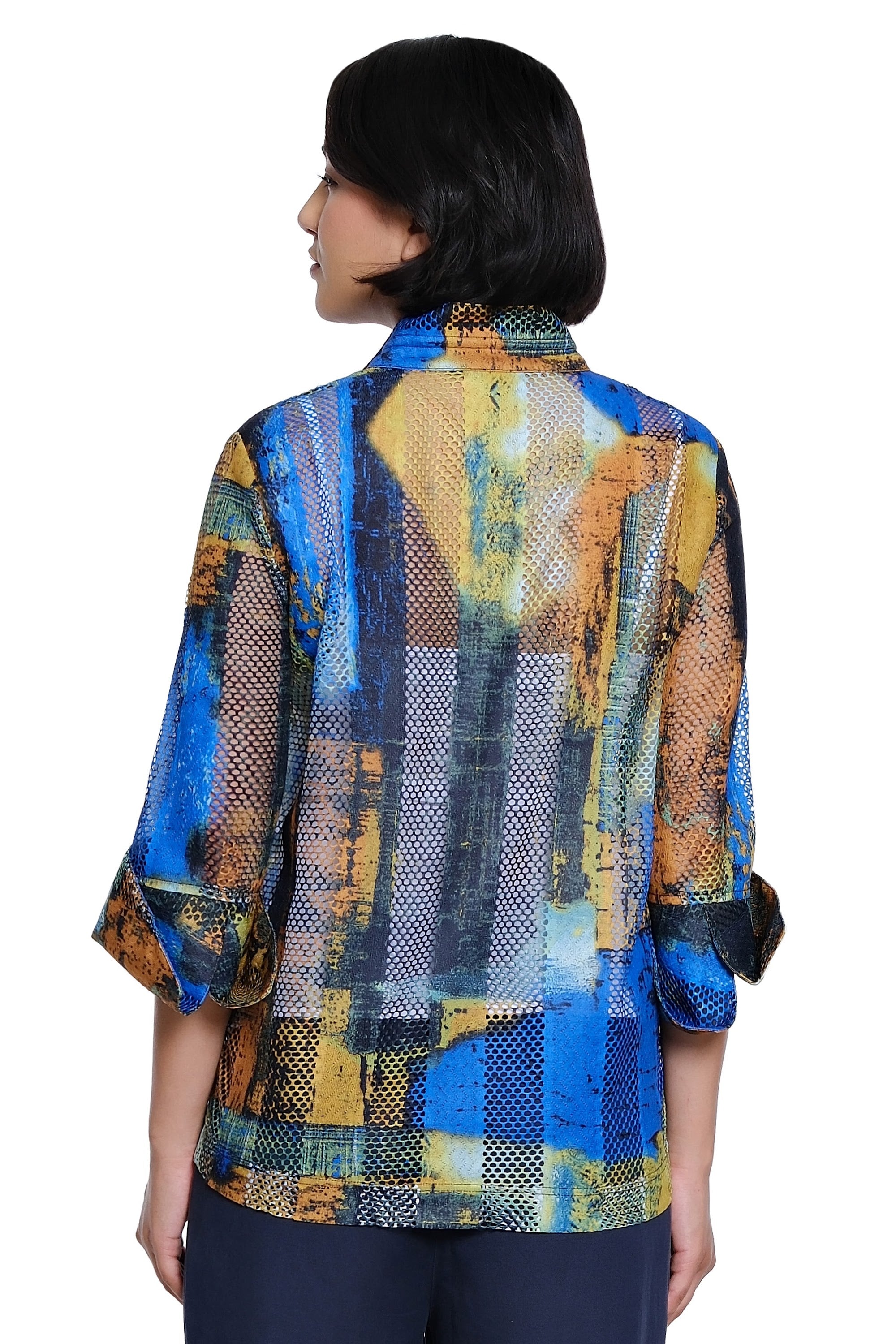 Printed Woven Textured Jacket with Wire Collar and 3/4 Sleeves - Petite - Blue Abstract Print - view 2