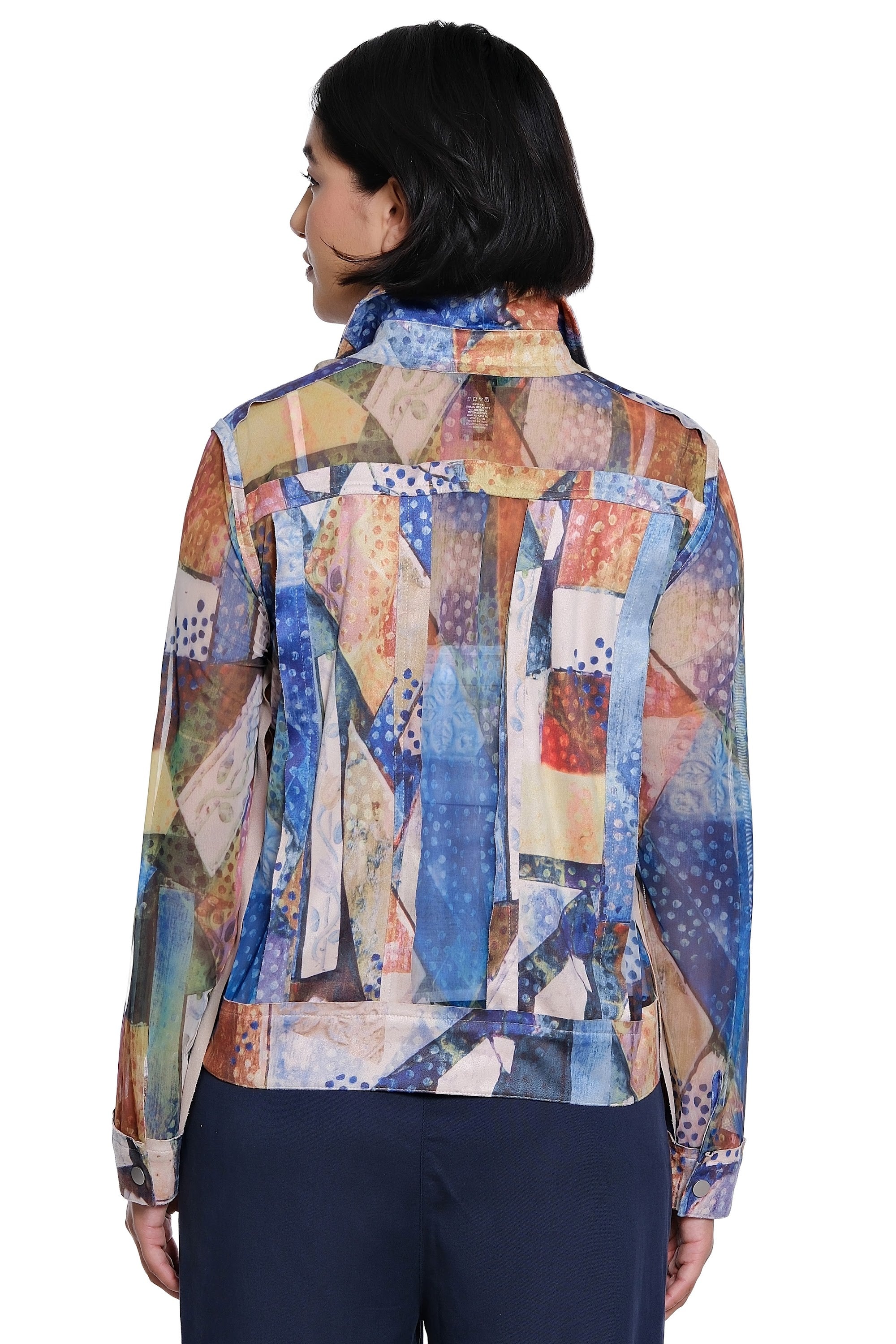 Printed Knit Mesh Button Front Jacket with Brushed Woven Trim - Petite - Cool Floral - view 2