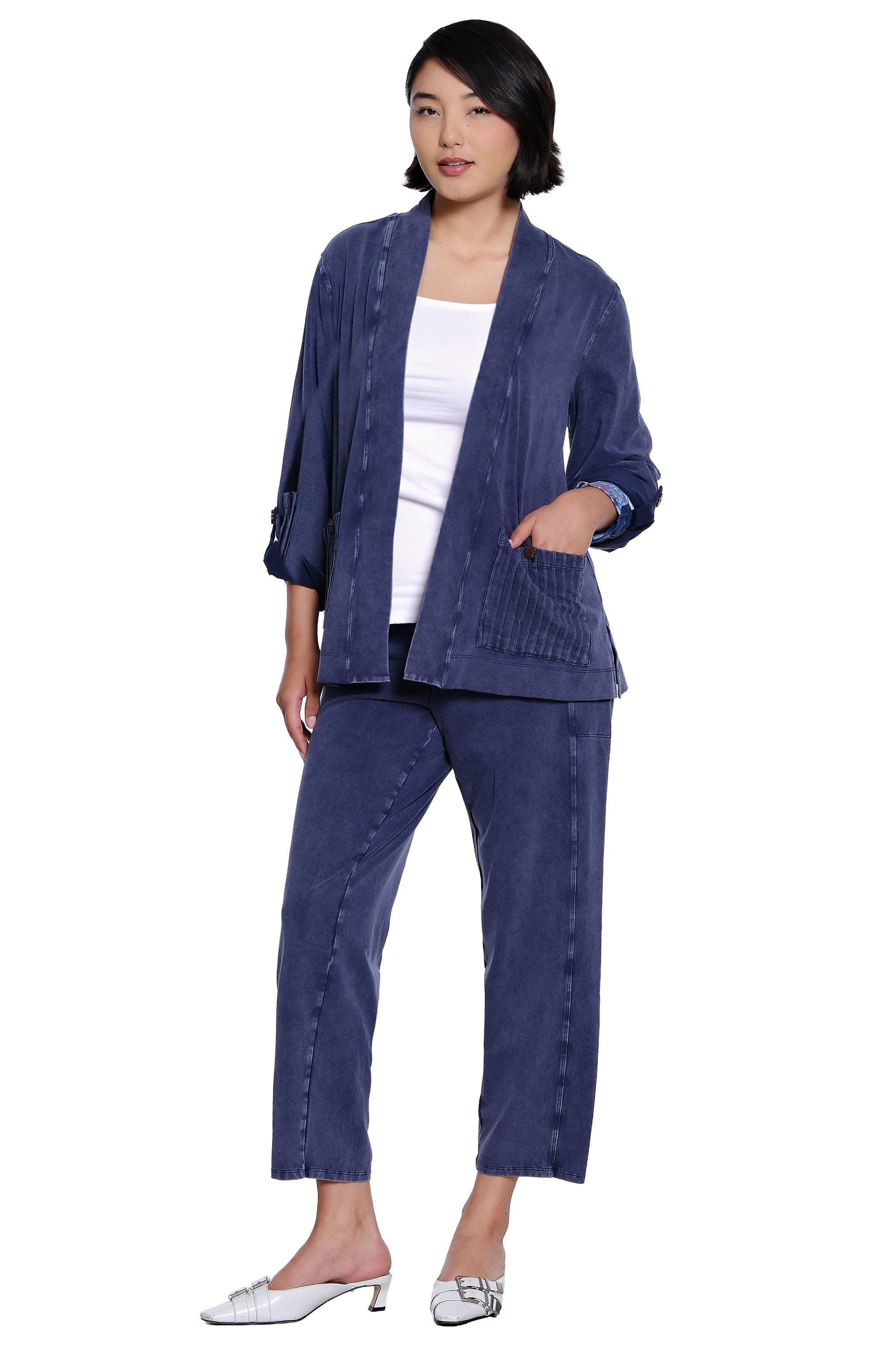 Knit Pull On Barrel Leg Pant with Elastic Waistband and Side Pockets - Vintage Blue