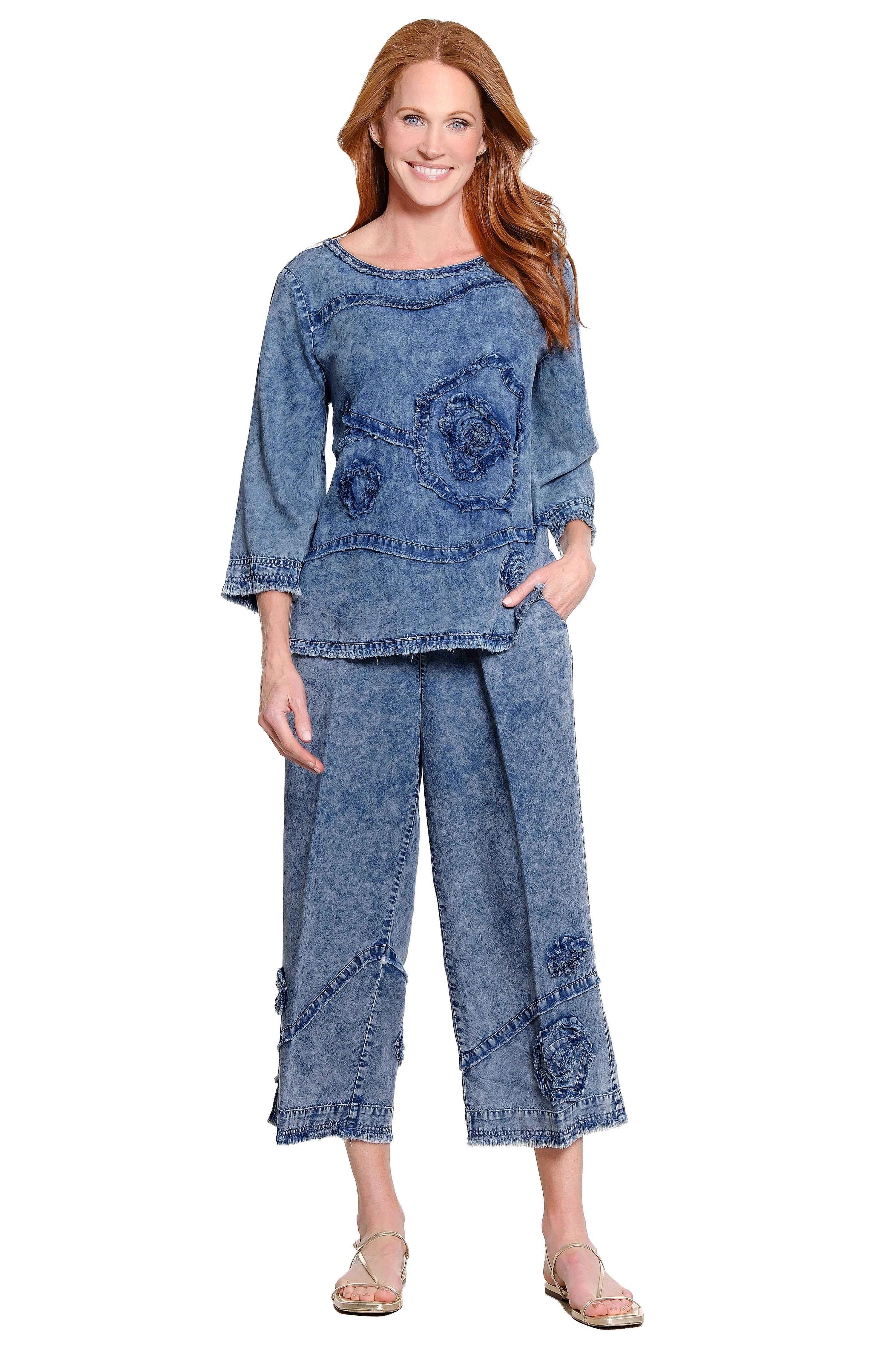 Appliqué Detail Cropped Drawstring Pant - Medium Indigo
