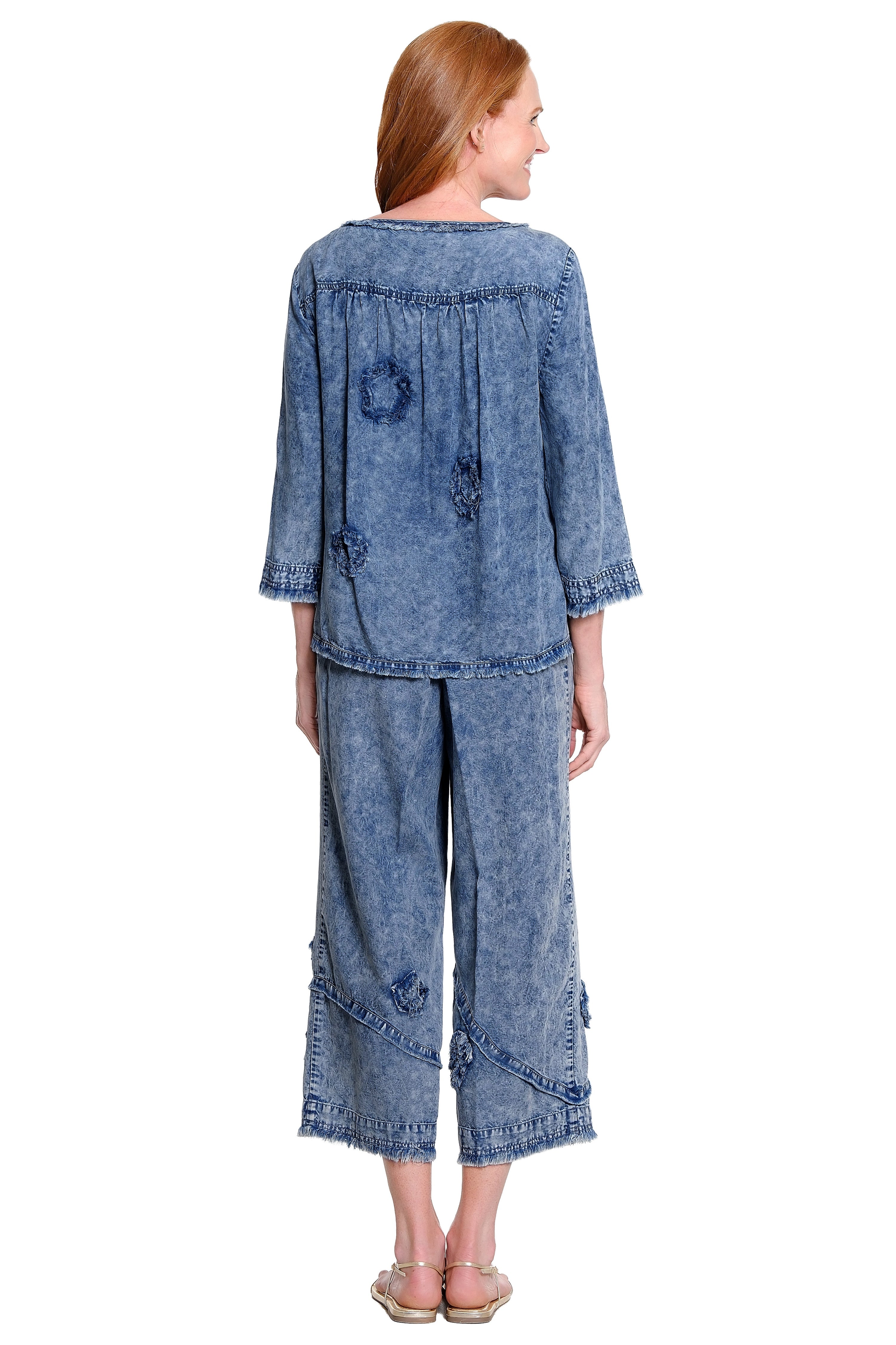Appliqué Detail Cropped Drawstring Pant - Medium Indigo