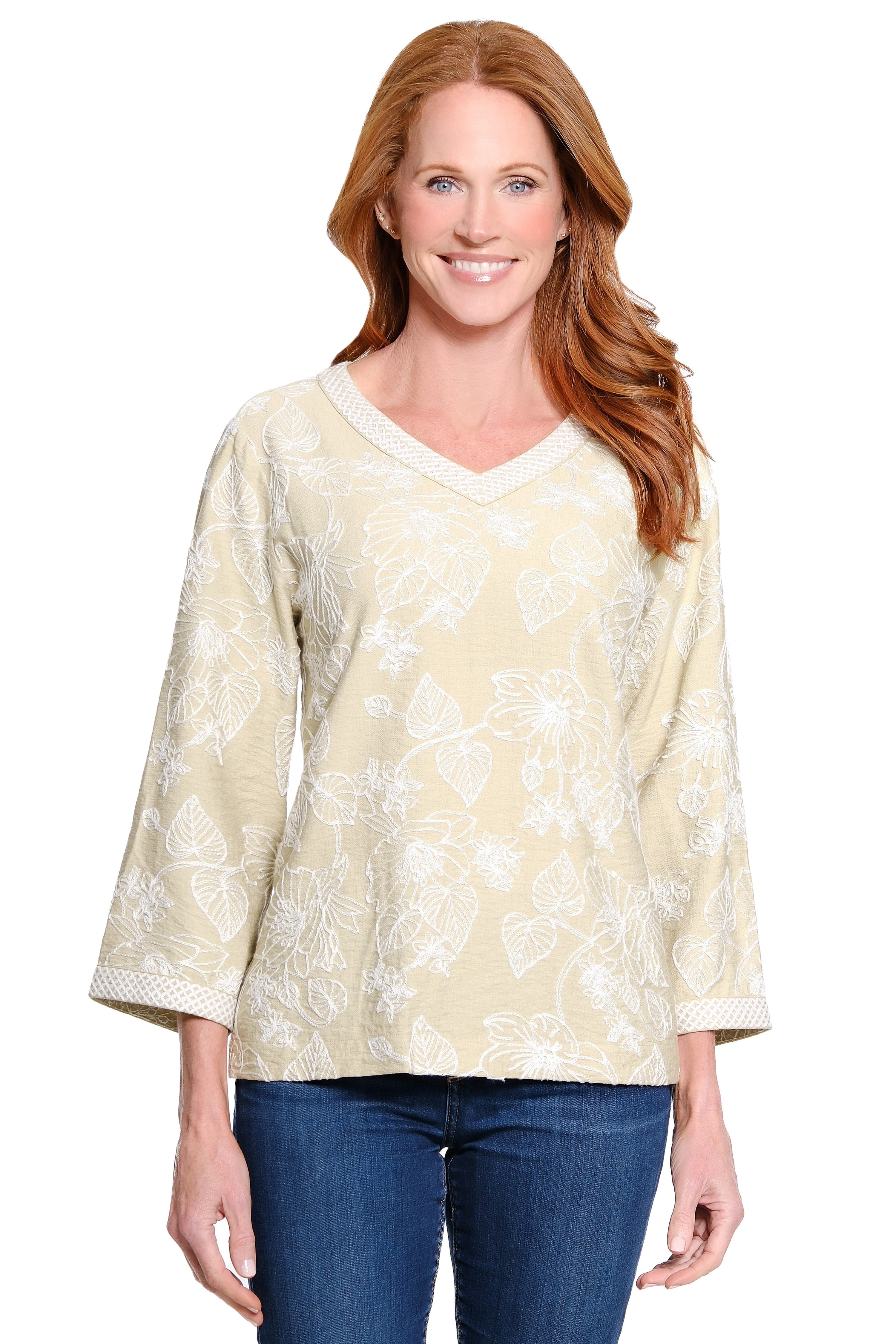 Embroidered V-Neck Tunic - Taupe
