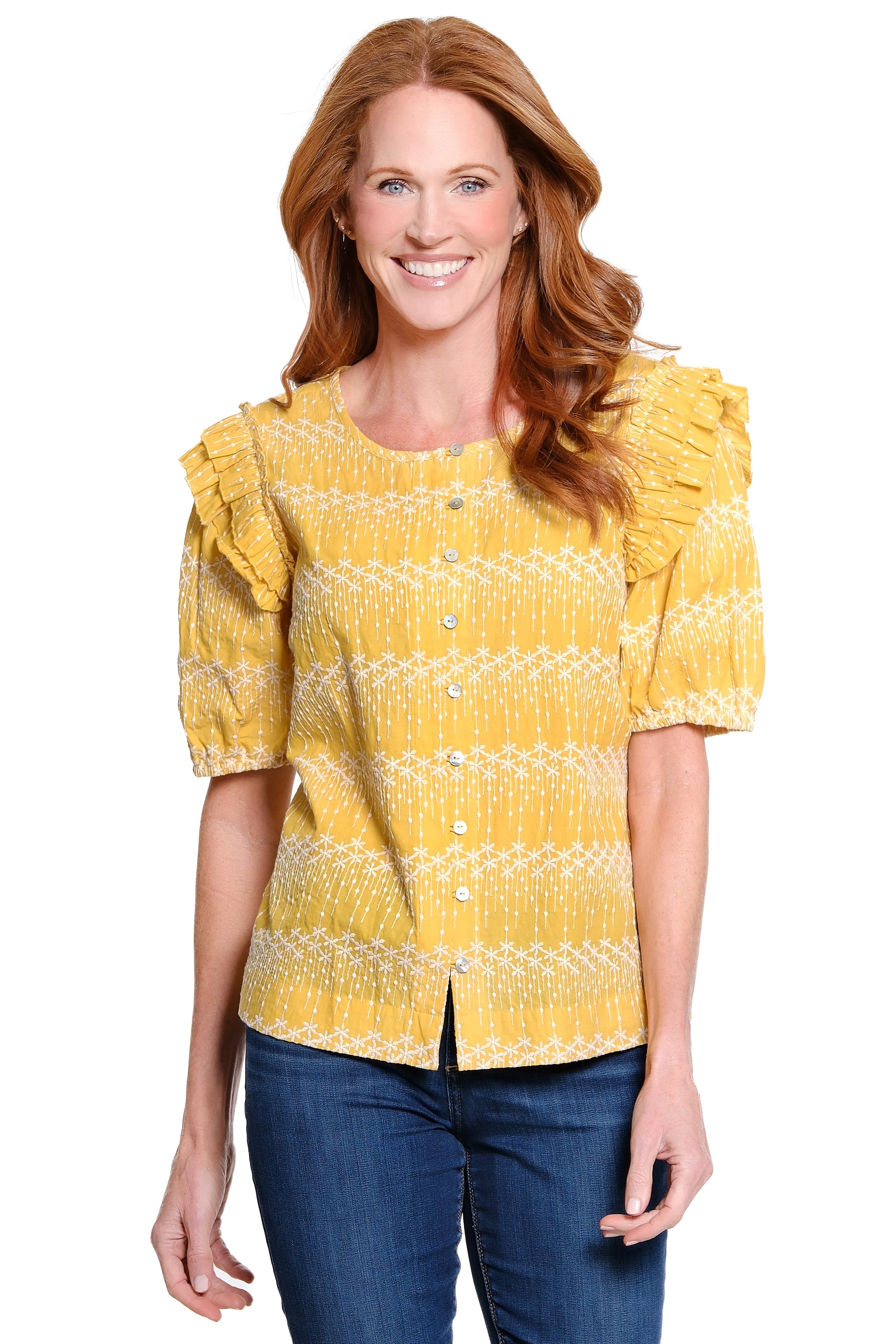 Embroidered Top with Ruffle Shoulders - Soft Sun