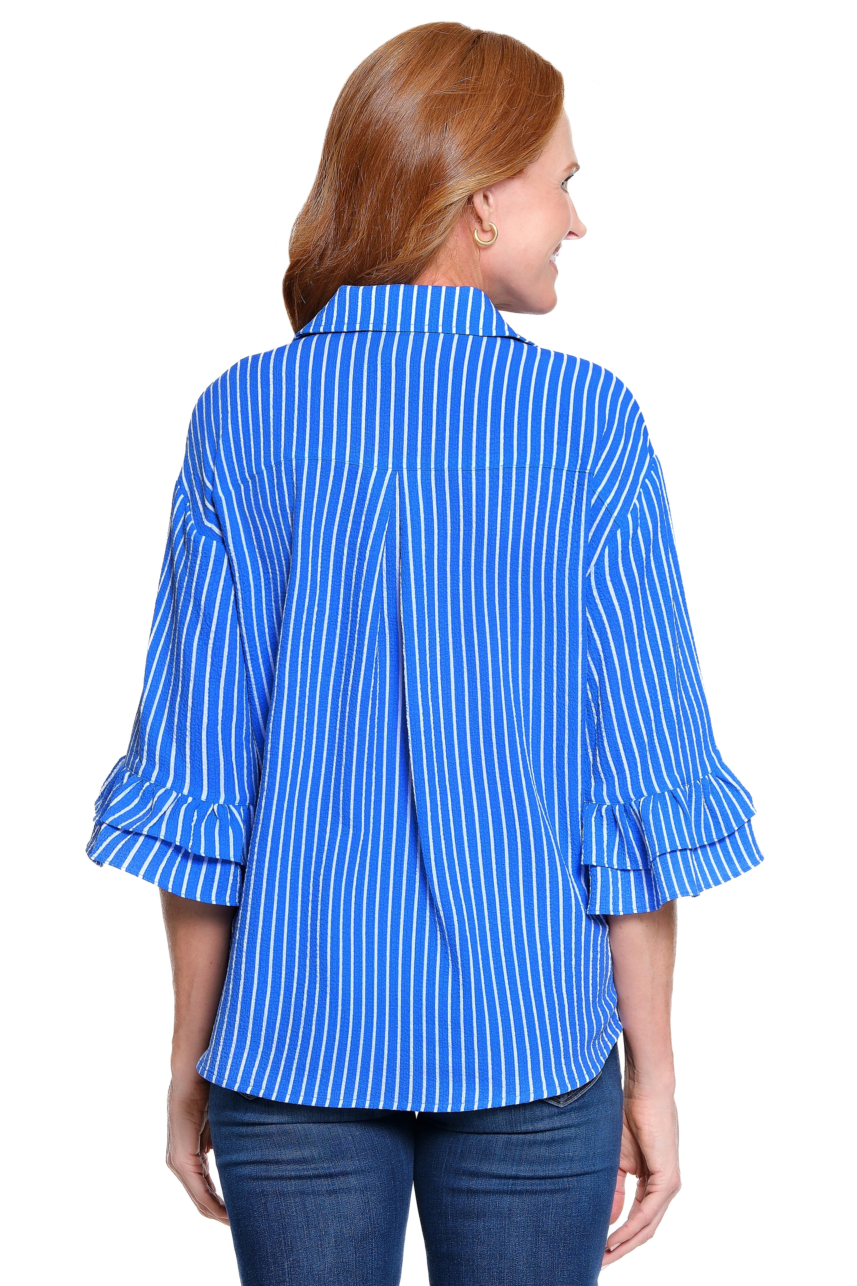 Printed Top with Ruffle Sleeves - Blue Stripe