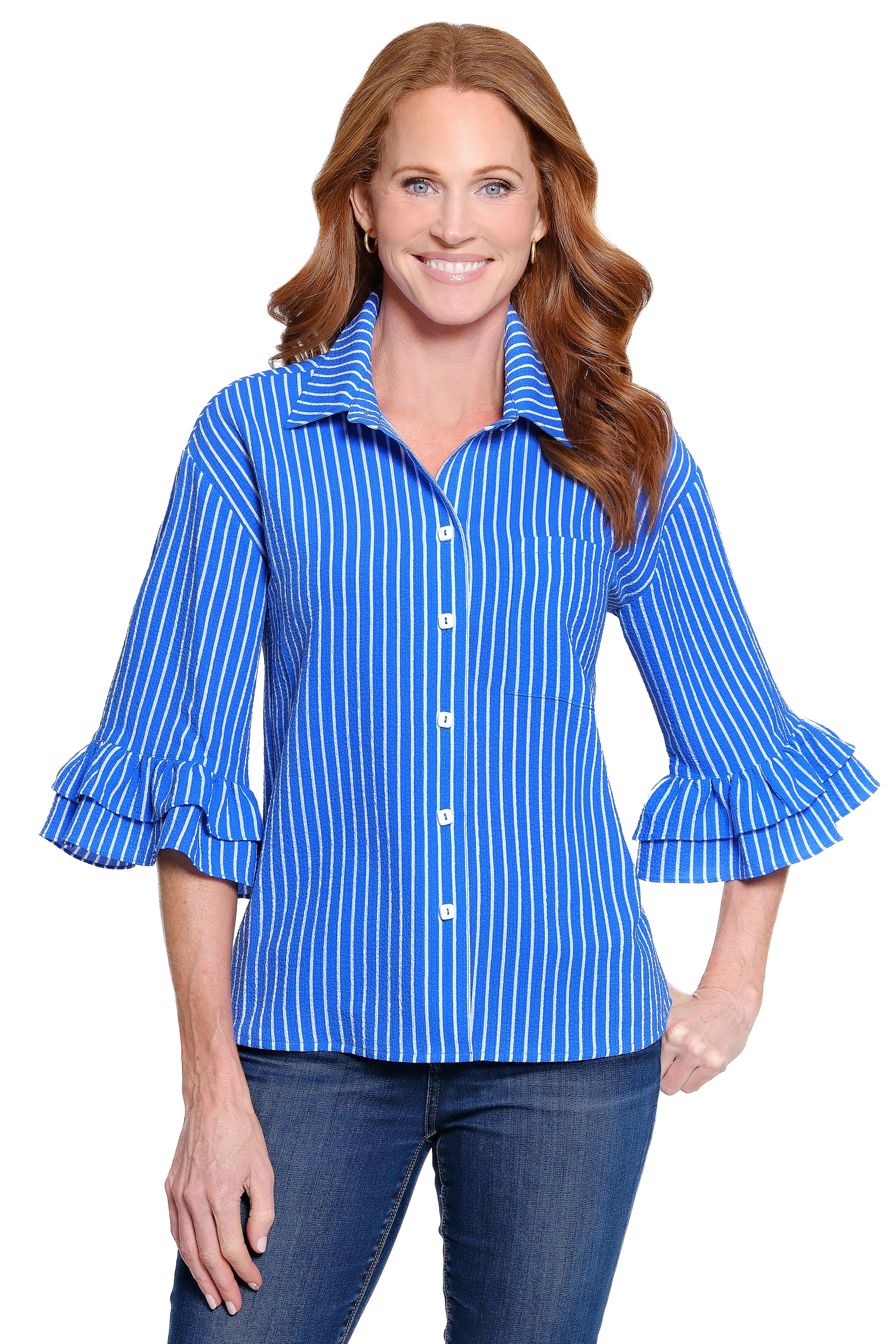 トップス Gypsohila Slash Blouse Stripe Blue Printed Top with Ruffle Sleeves - Blue Stripe