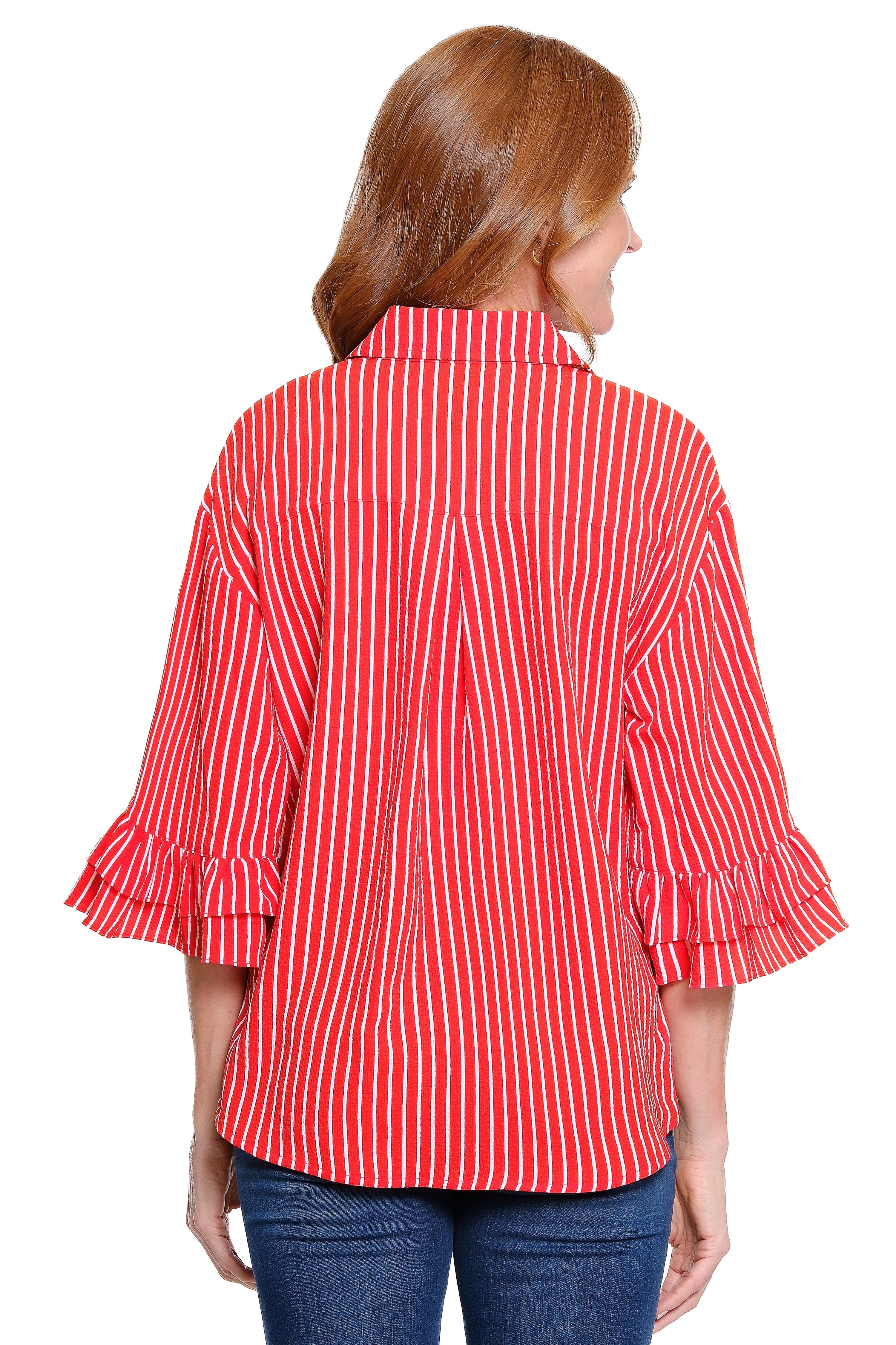 Printed Top with Ruffle Sleeves - Vivid Red