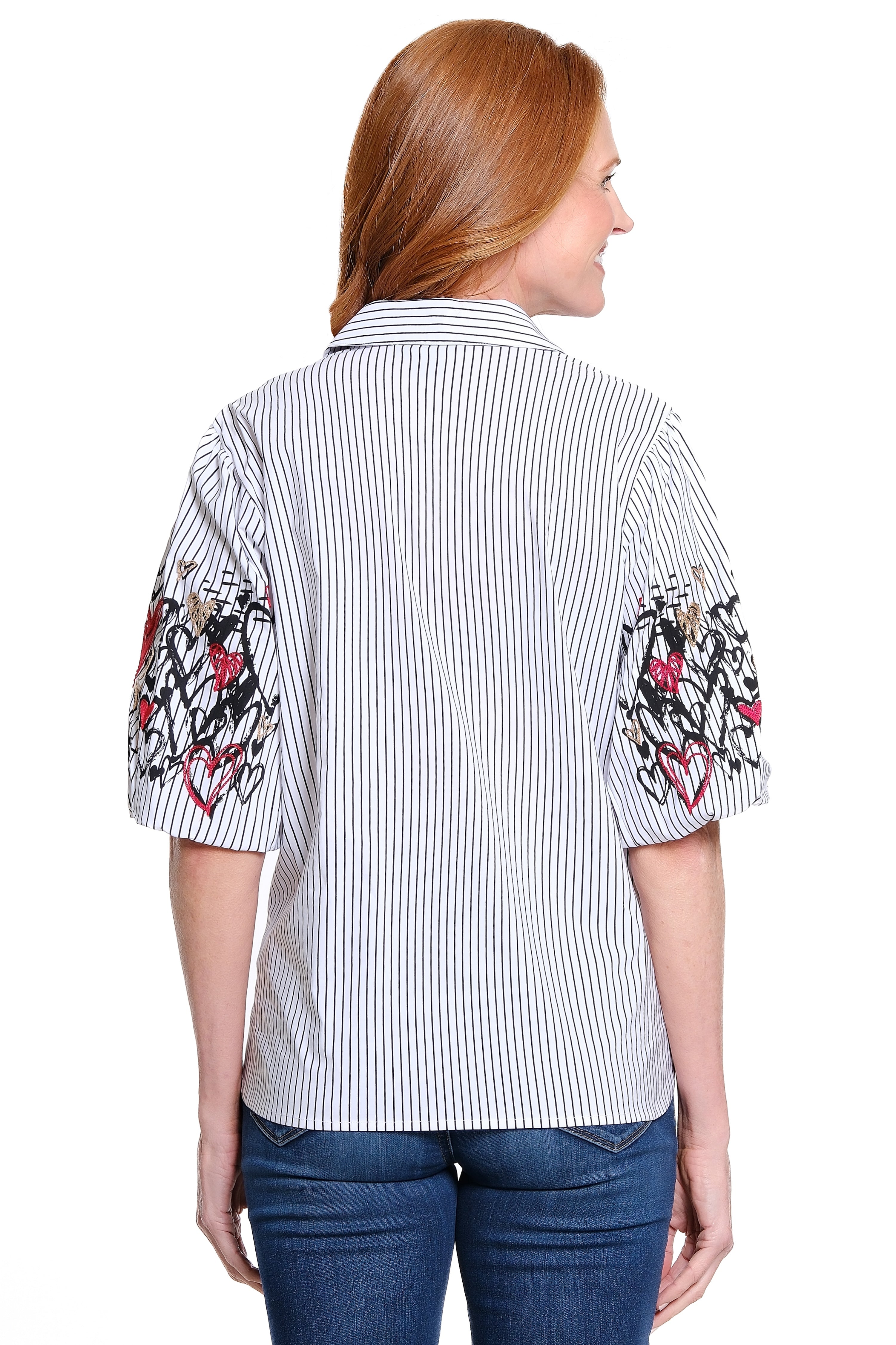 Embroidered Sleeve Button-Front Top - Stripe Multi