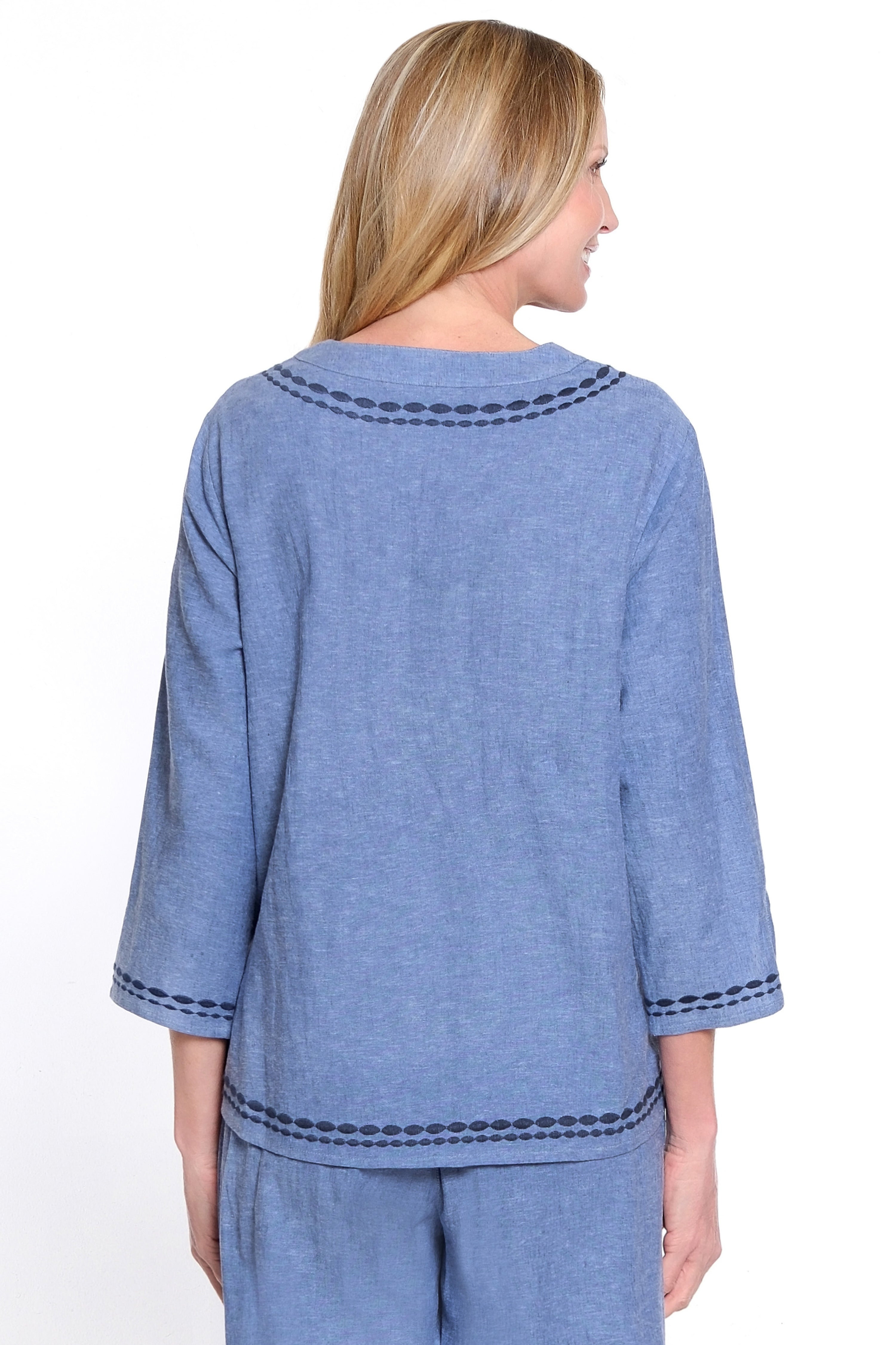 Embroidered V-Neck Woven Tunic - Medium Denim