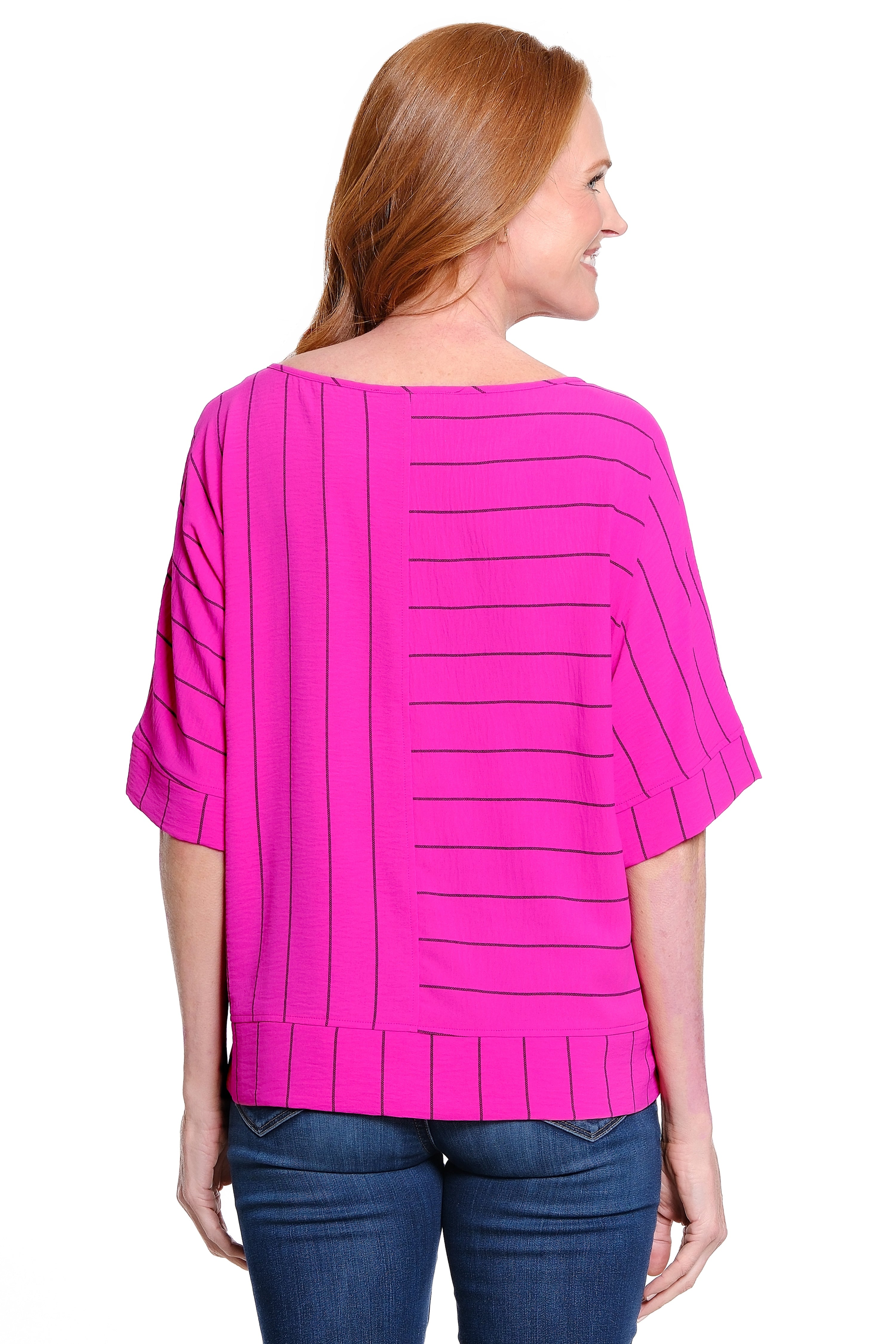 Stripe Print Woven Popover Top - Raspberry