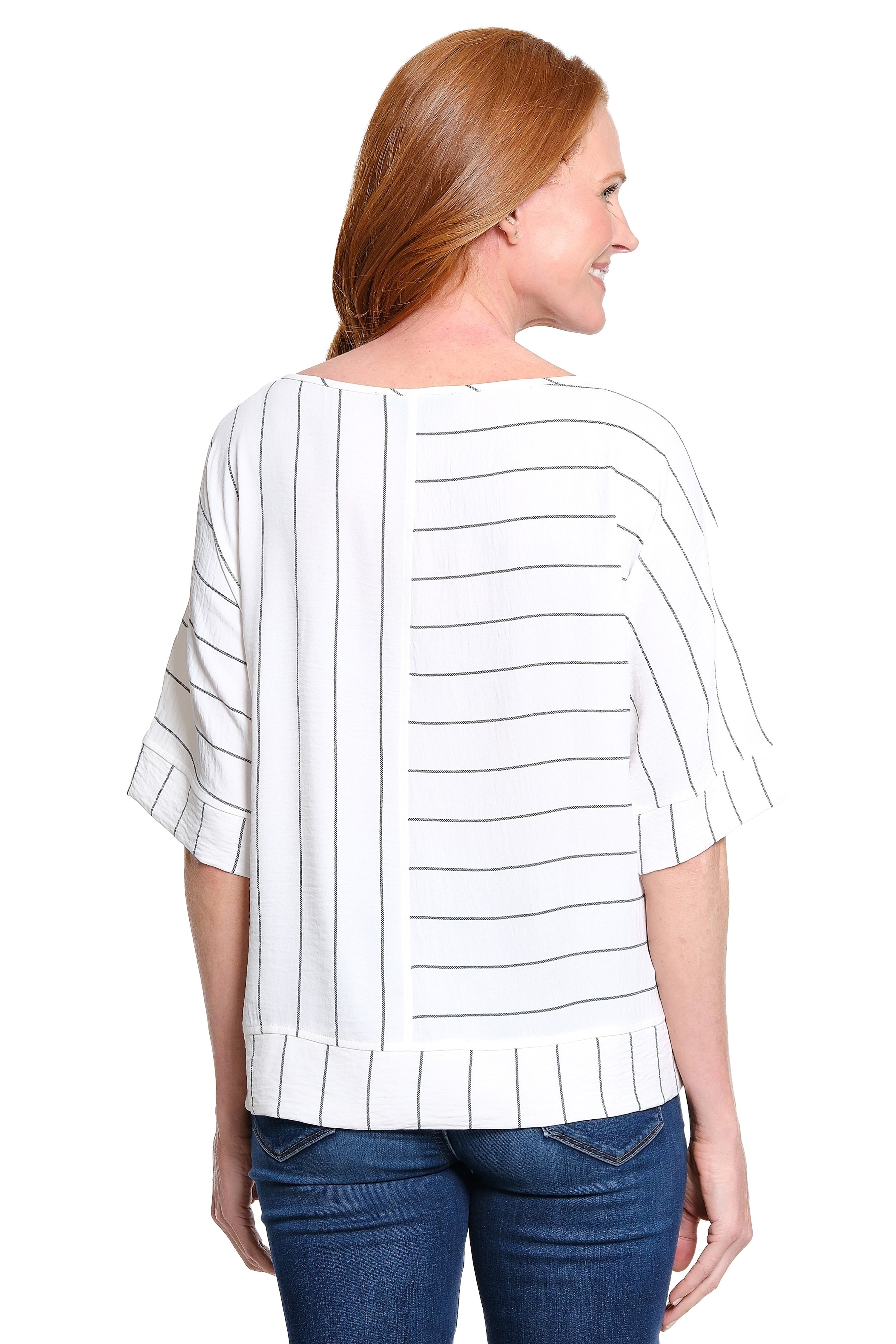 Stripe Print Woven Popover Top - White