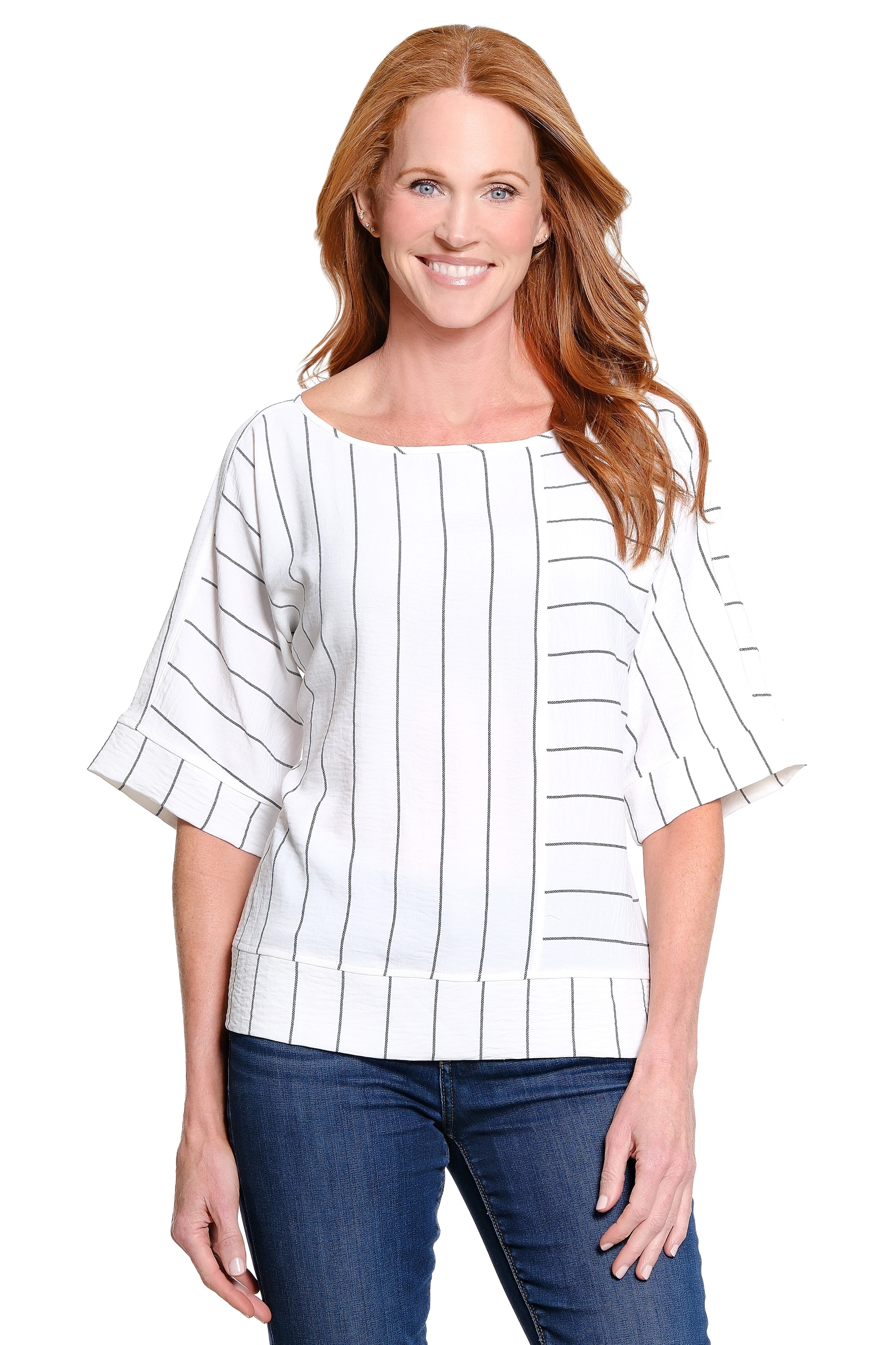 Stripe Print Woven Popover Top - White
