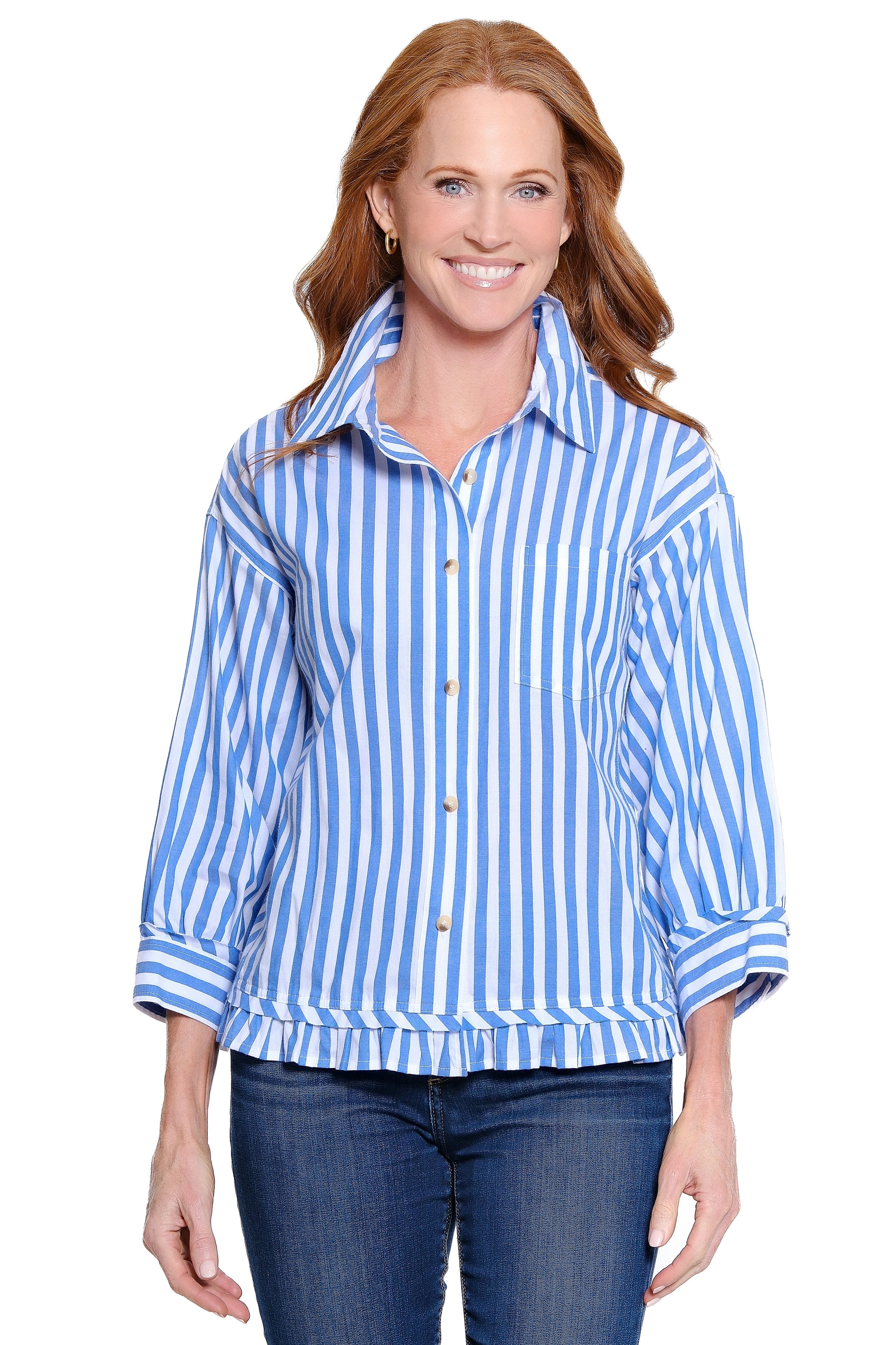 Button Front Top with Tiered Ruffle Hem - Blue Stripe