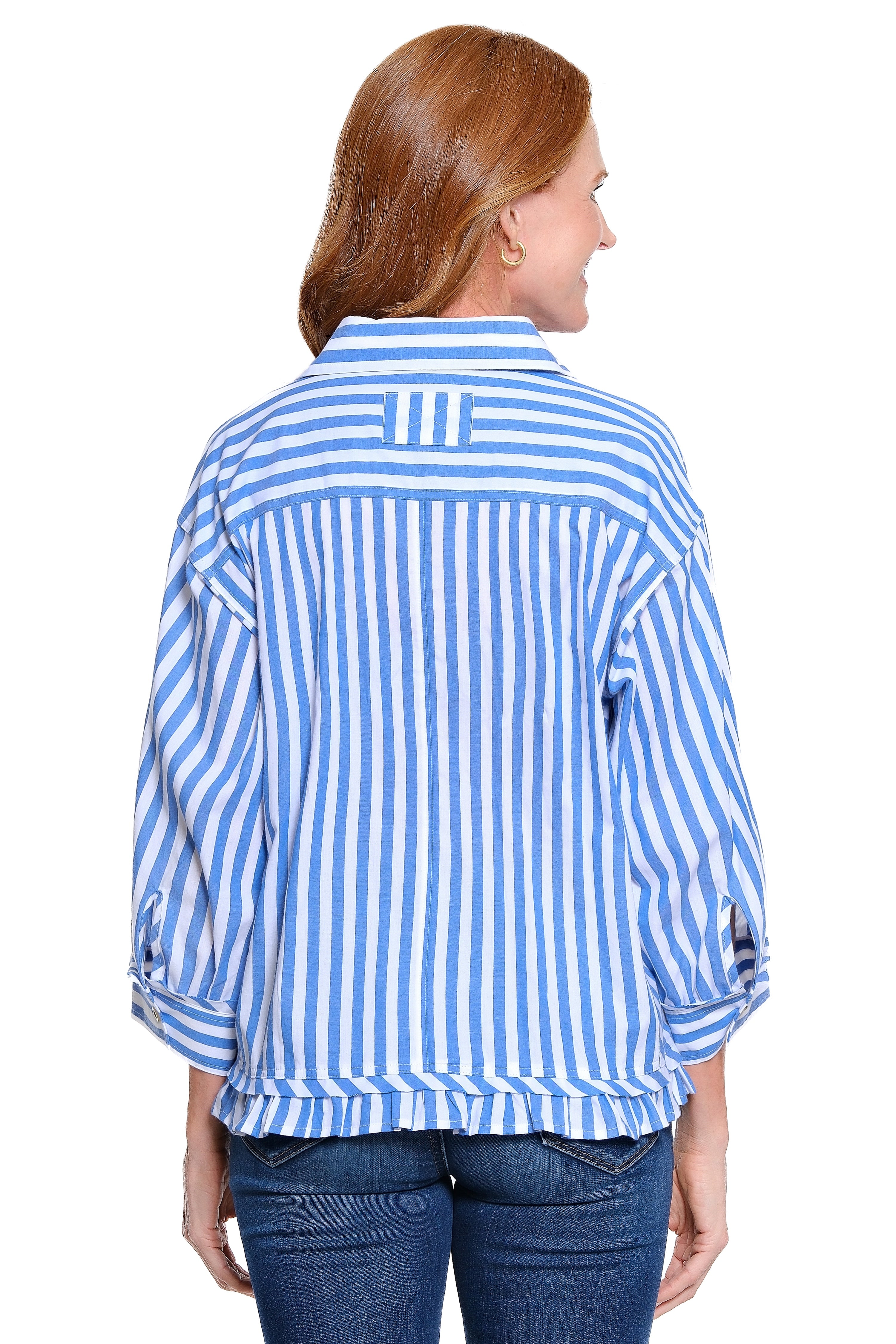 Button Front Top with Tiered Ruffle Hem - Blue Stripe