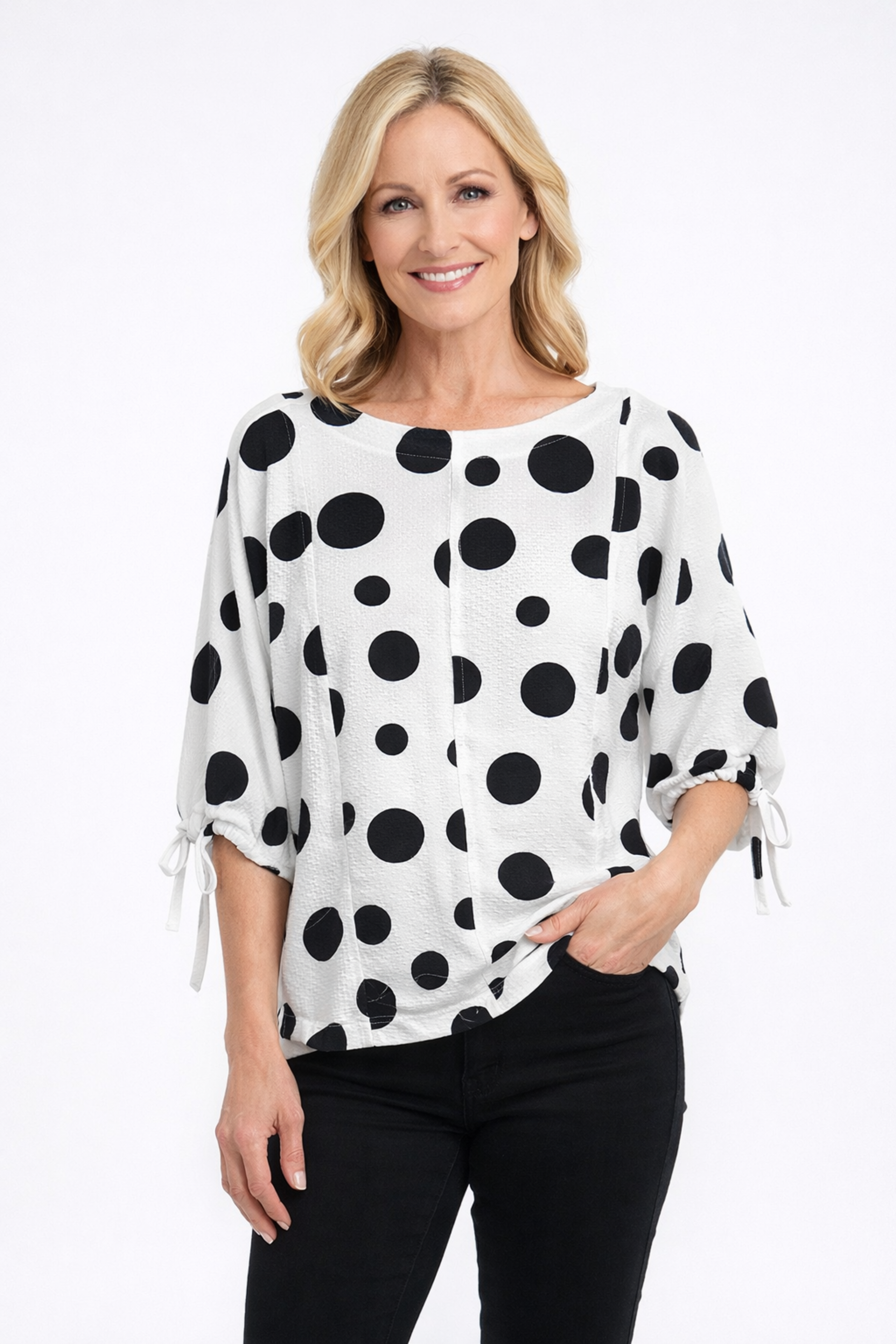 Print Popover Top with Cinch-Tie Sleeves - Petite - Dot Multi