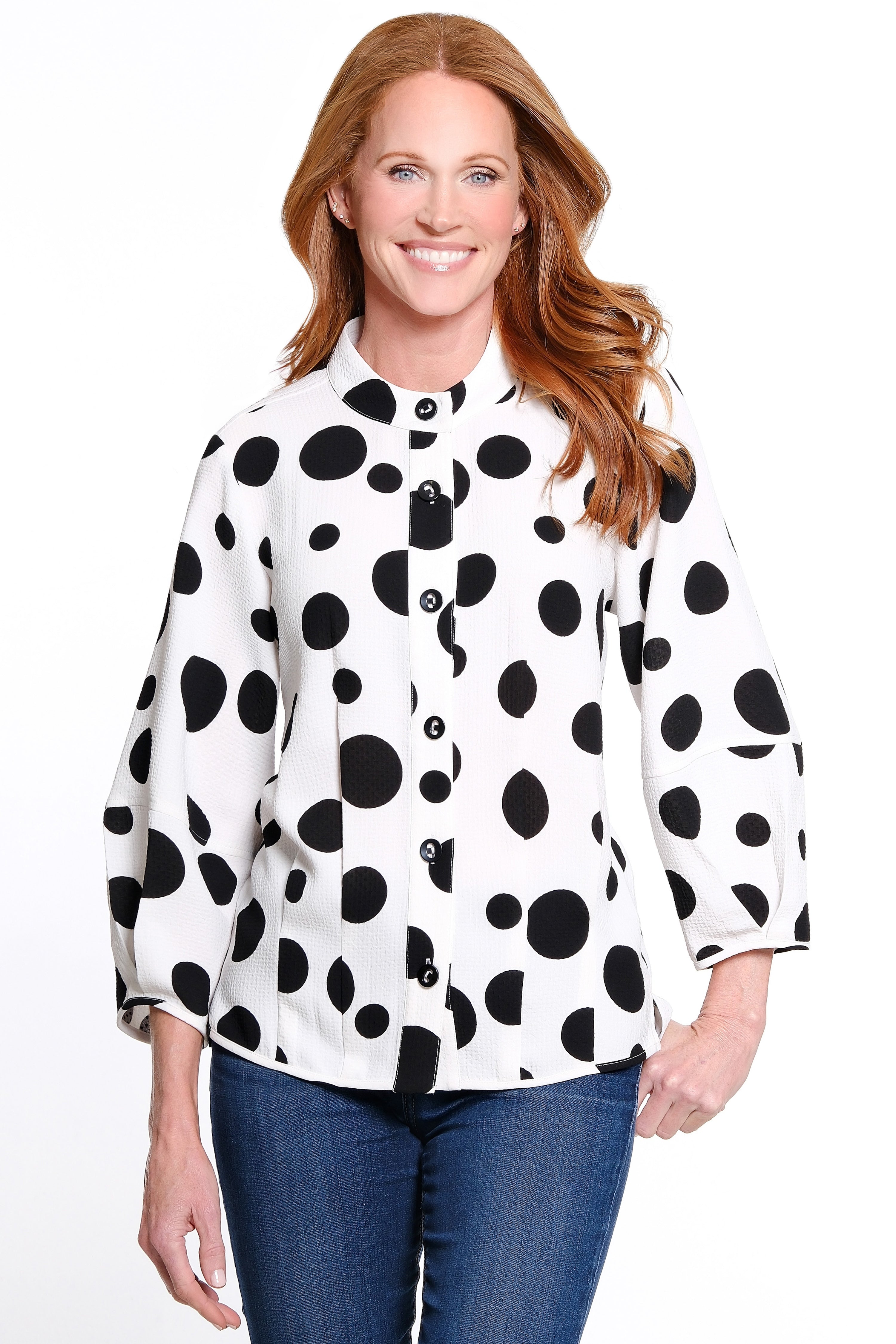 Band Collar Woven Top - Dot Multi