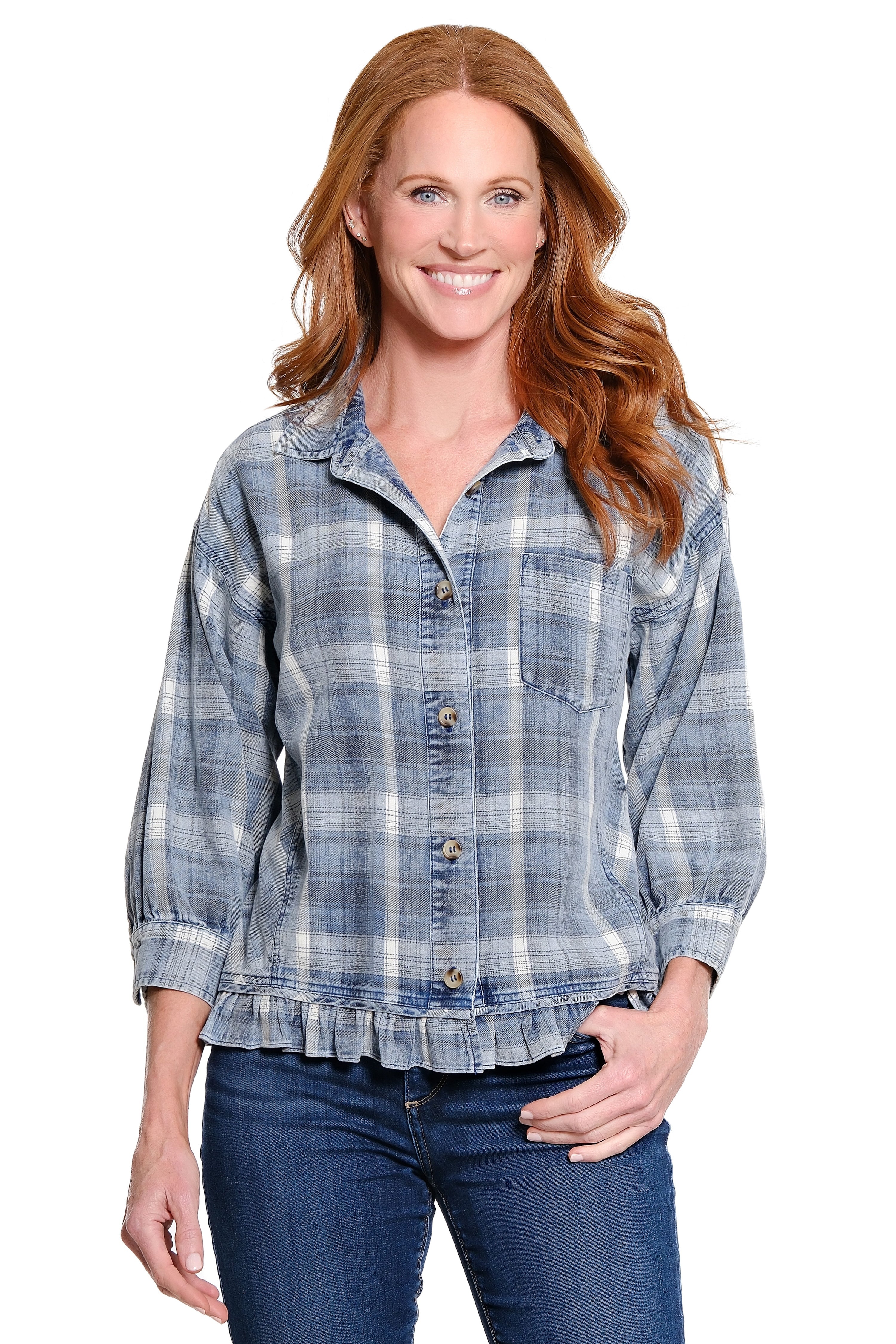 Button Front Top with Ruffle Hem - Petite - Light Denim