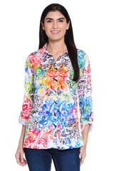 Knit Button Front Blouse Point Collar - Petite - Abstract Multi