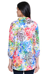 Knit Button Front Blouse Point Collar - Petite - Abstract Multi