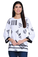 Woven Pucker Tunic 3/4 Sleeves - Petite - Black/White Print