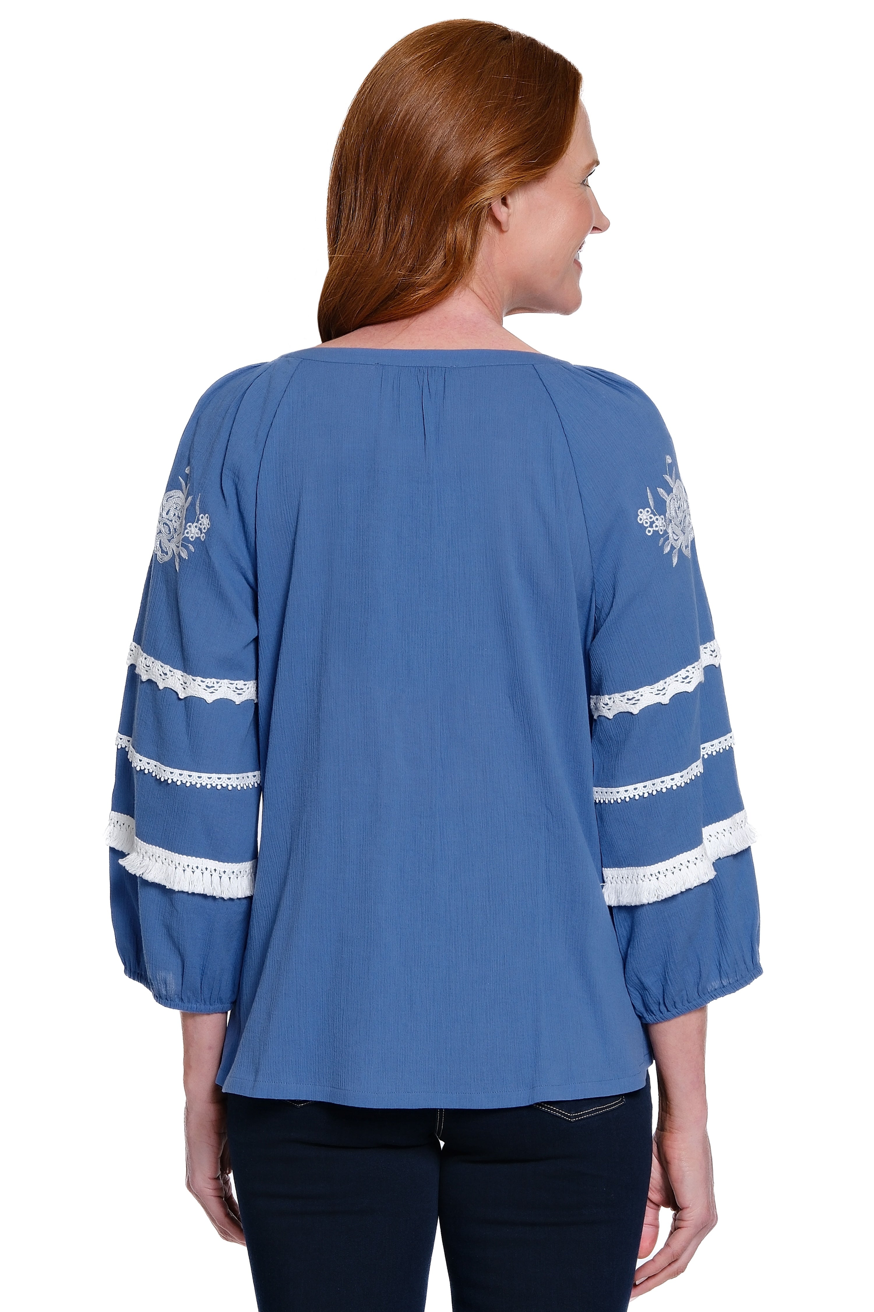 Cotton Tunic with Lace Detail and Floral Embroidery - White/Blue