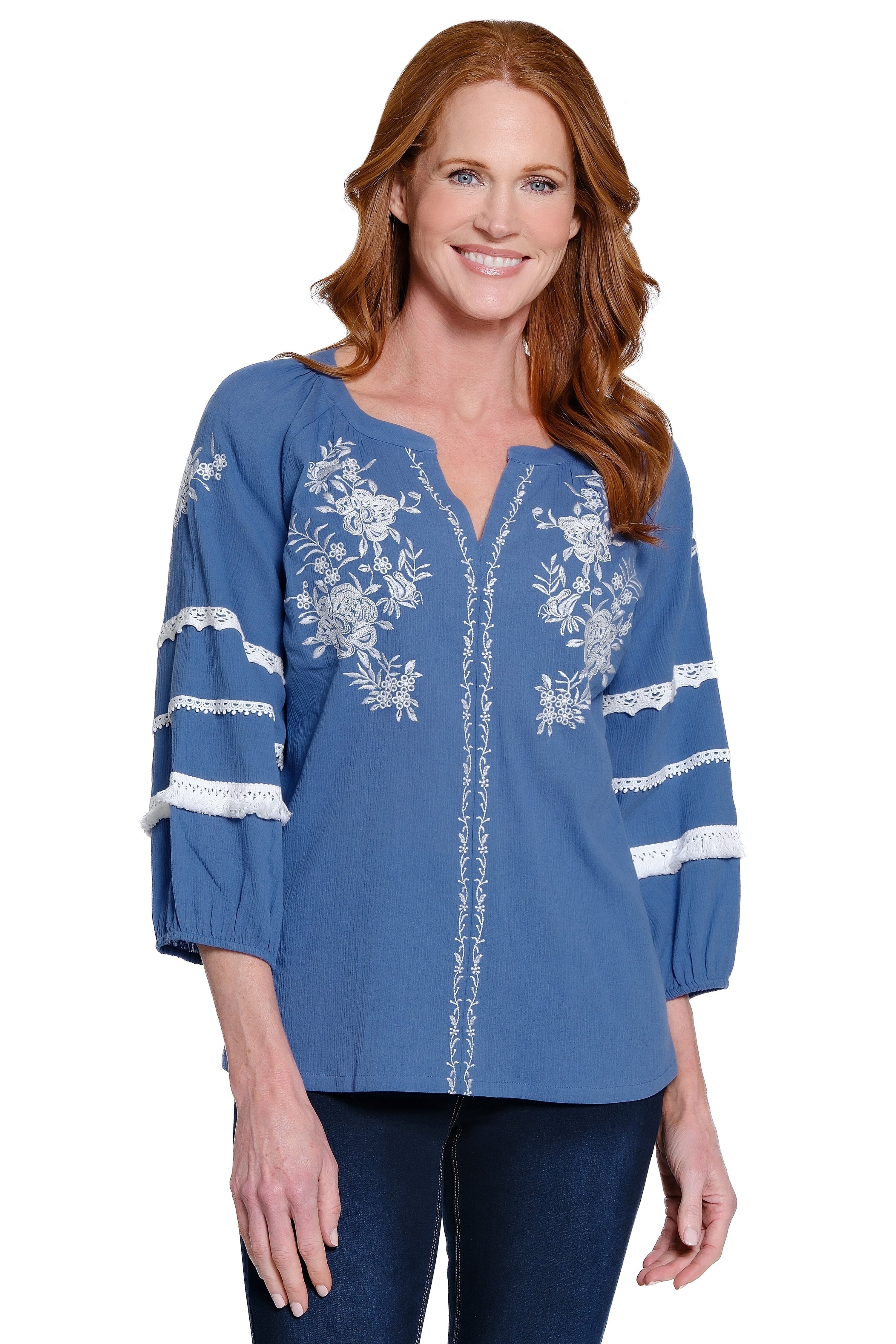 Cotton Tunic with Lace Detail and Floral Embroidery - White/Blue