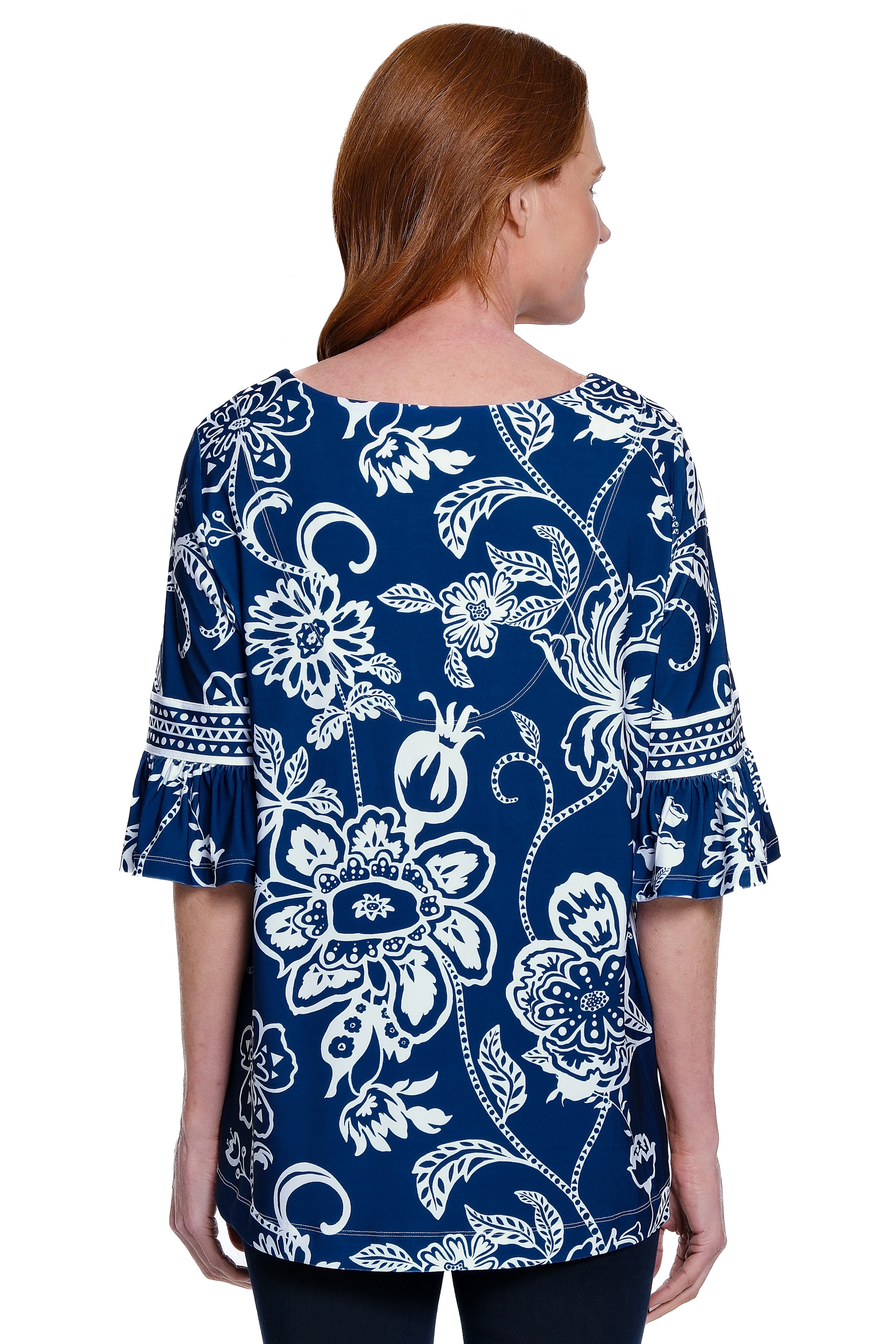 Printed Tunic with Flounced Sleeves - Petite - Blue Floral