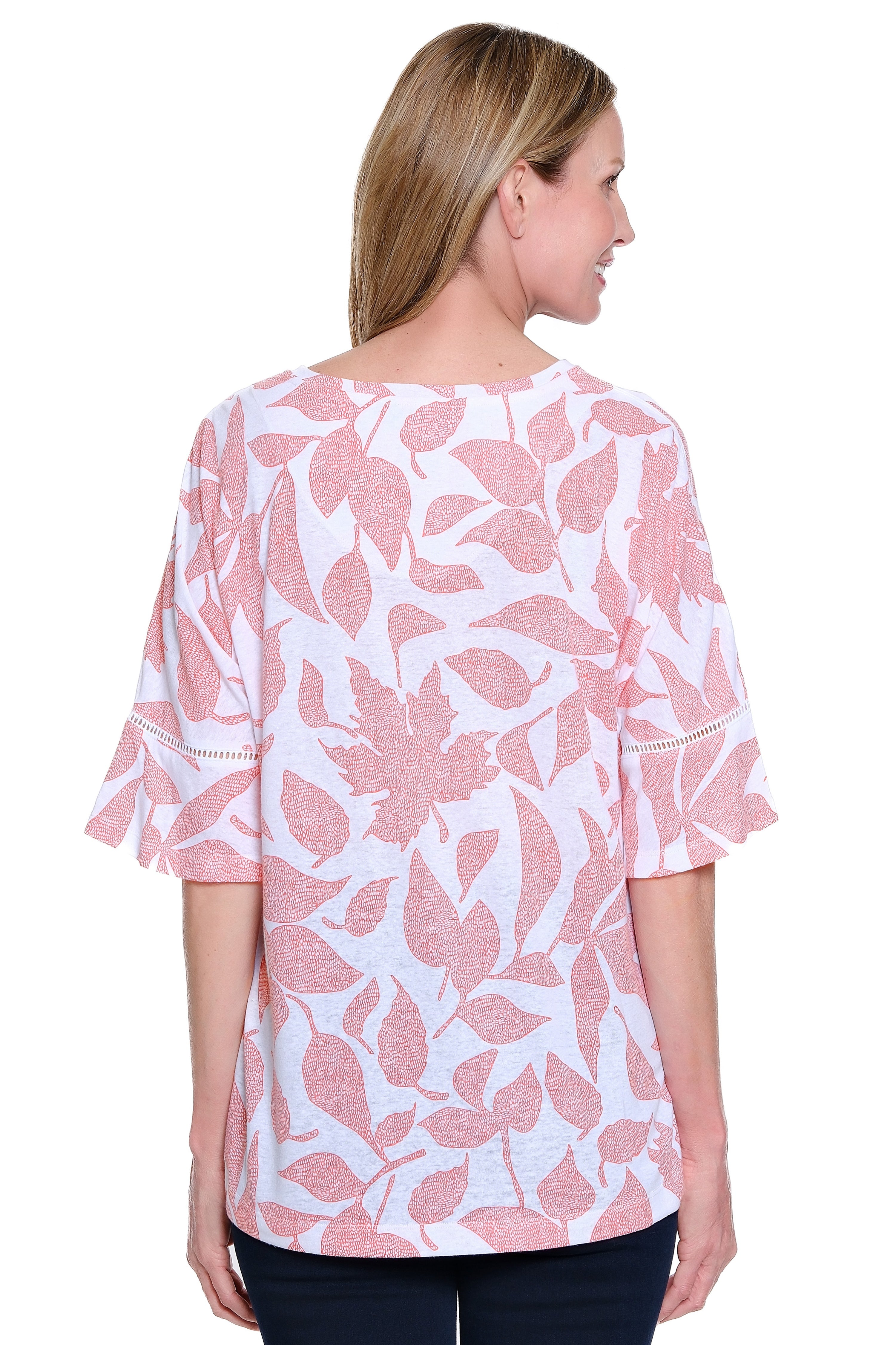 Linen Tunic with Lace Inset Sleeves - Coral