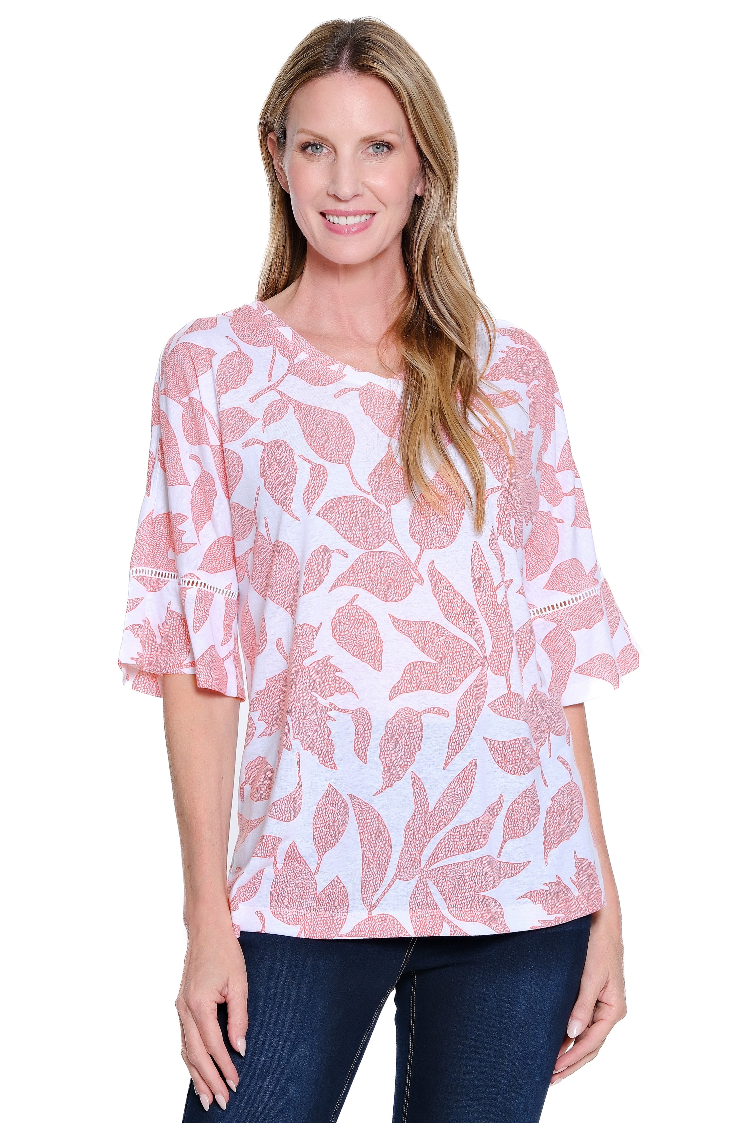 Linen Tunic with Lace Inset Sleeves - Coral