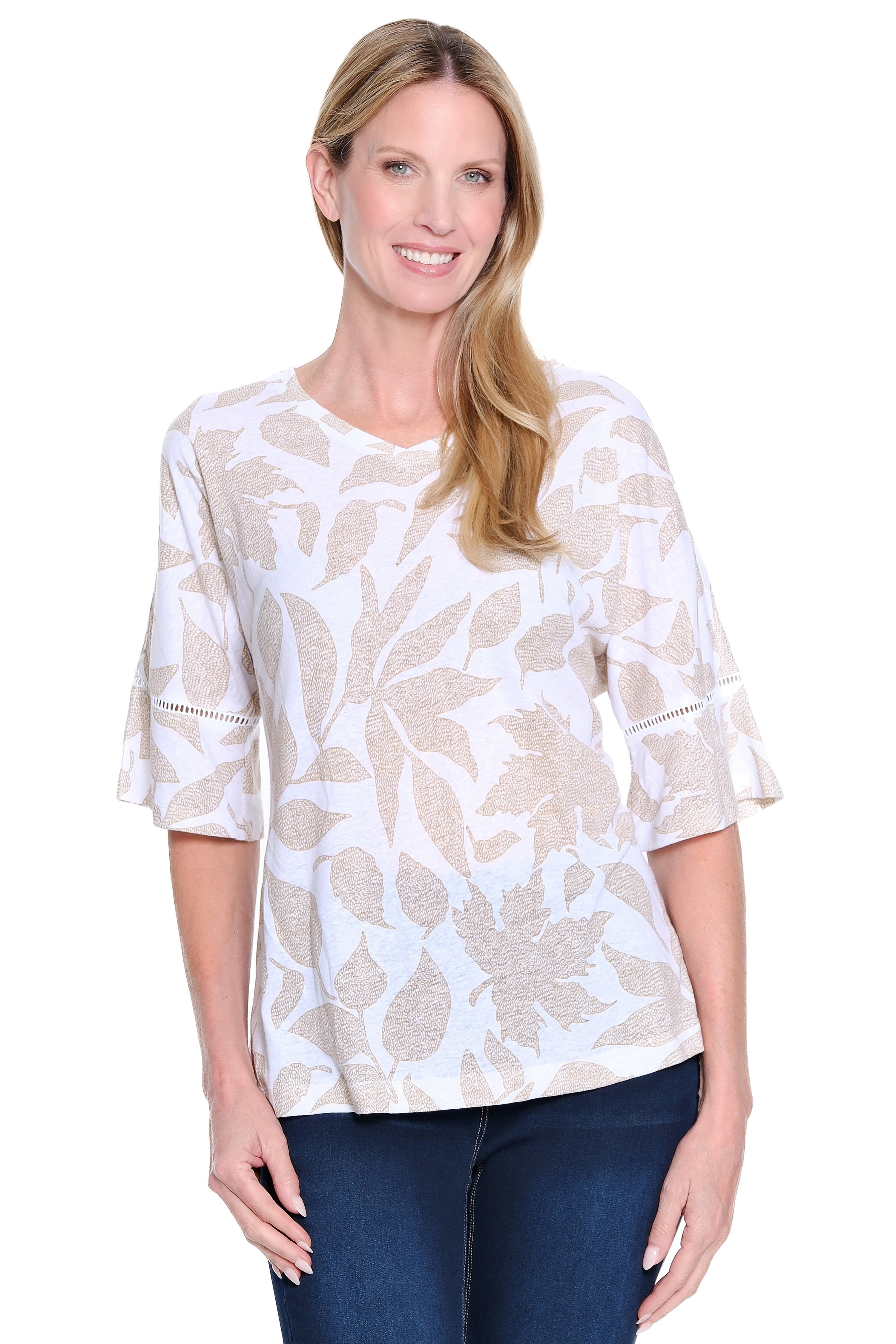 Linen Tunic with Lace Inset Sleeves - Khaki