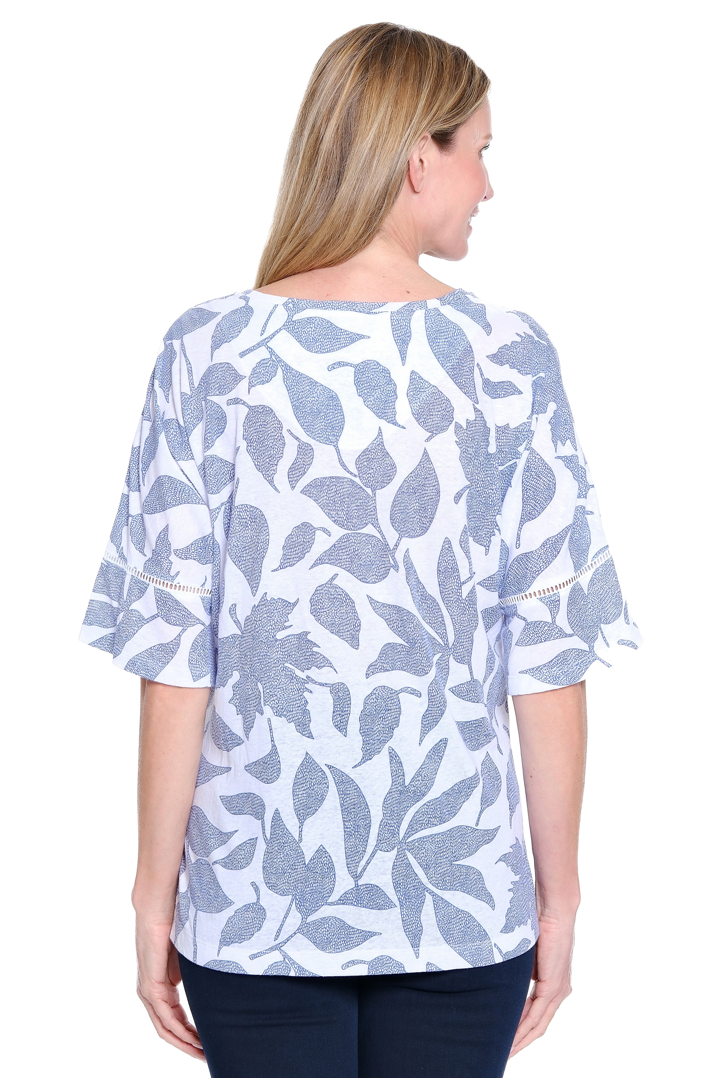 Linen Tunic with Lace Inset Sleeves - Navy Floral