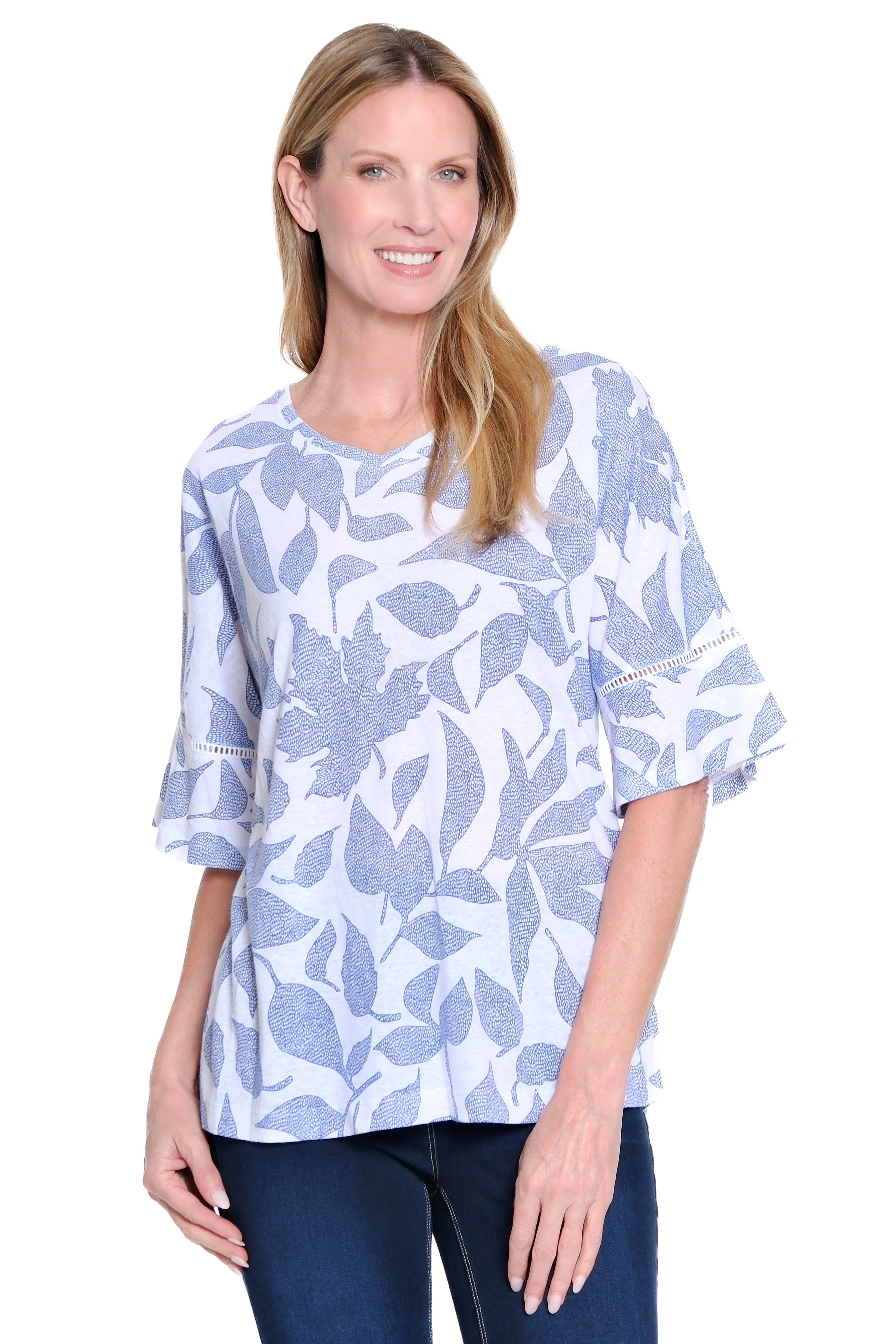 Linen Tunic with Lace Inset Sleeves - Navy Floral