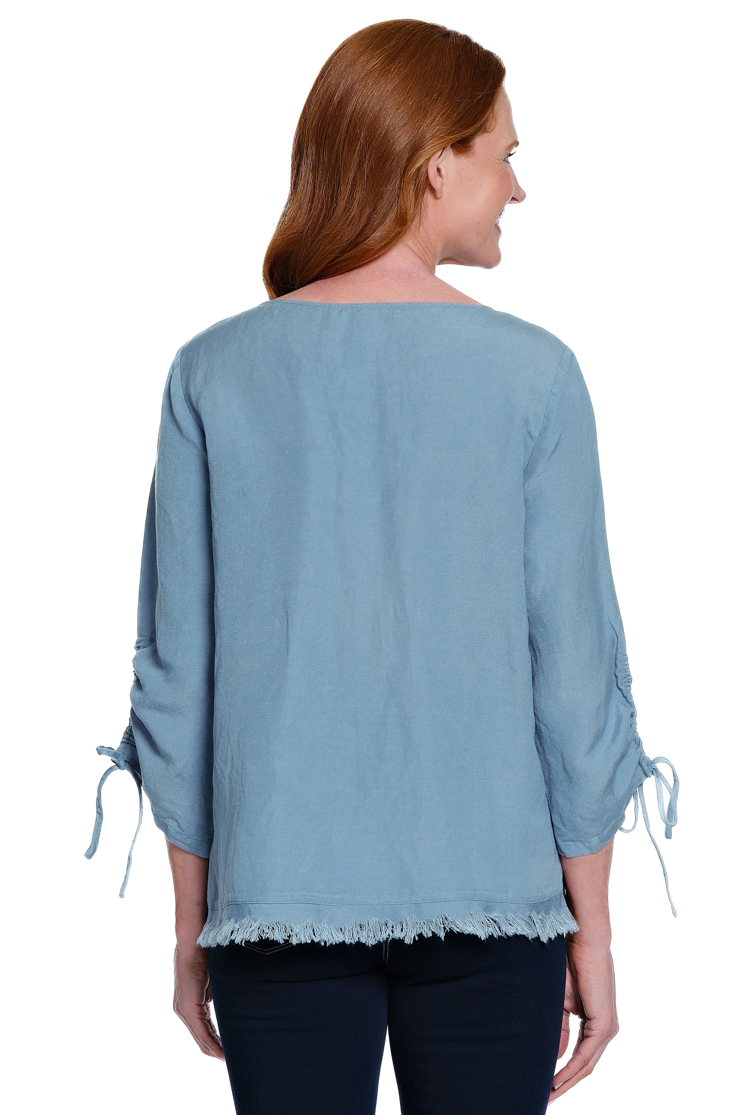 Linen Blend Tunic with Fringe Trim - Chambray