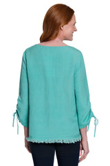 Linen Blend Tunic with Fringe Trim - Plus - Seafoam