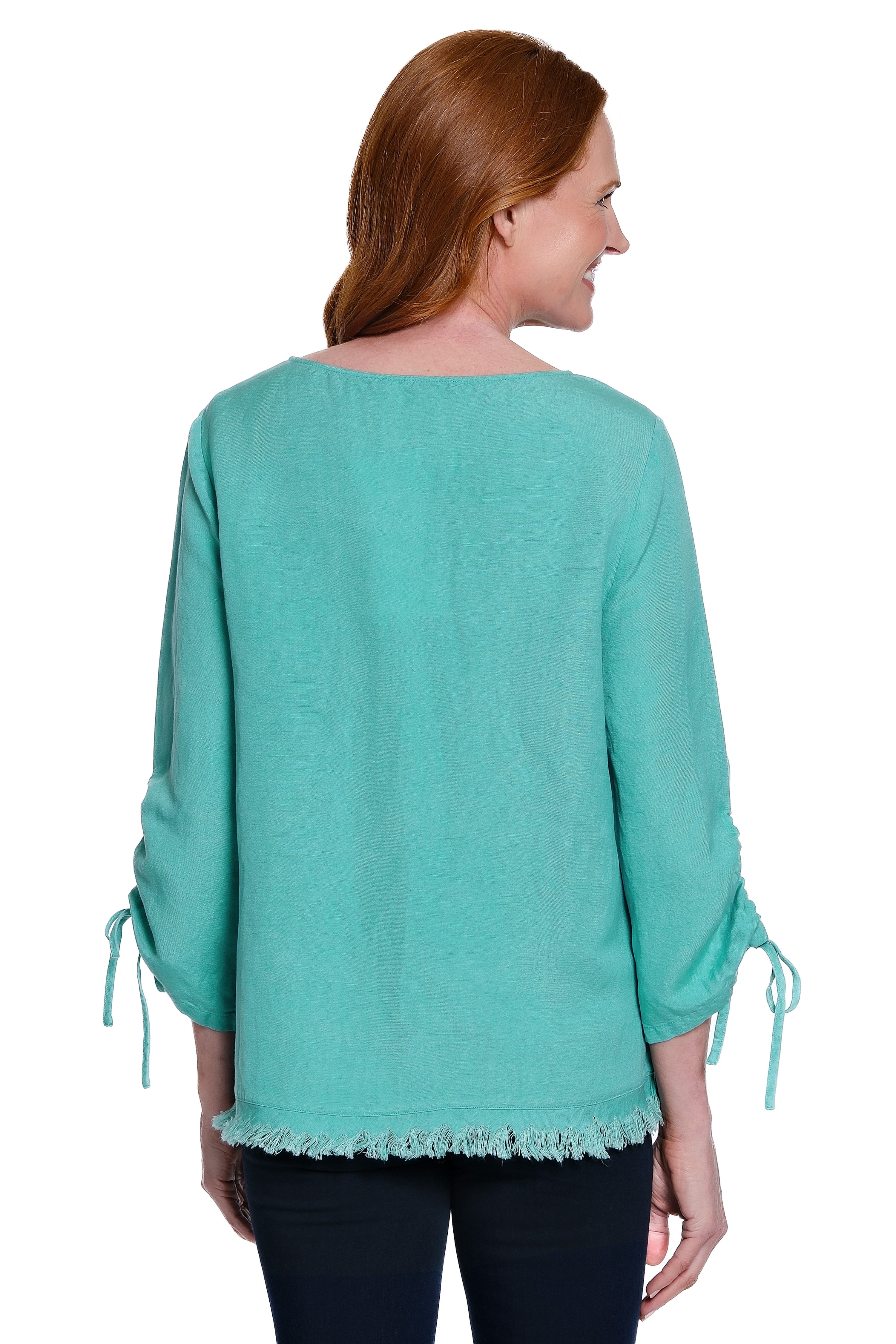 Linen Blend Tunic with Fringe Trim - Seafoam