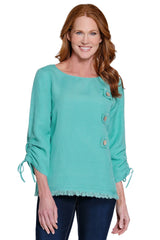 Linen Blend Tunic with Fringe Trim - Plus - Seafoam