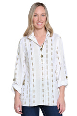 Printed Linen Blend Button-Front Tunic - Plus - French Almond