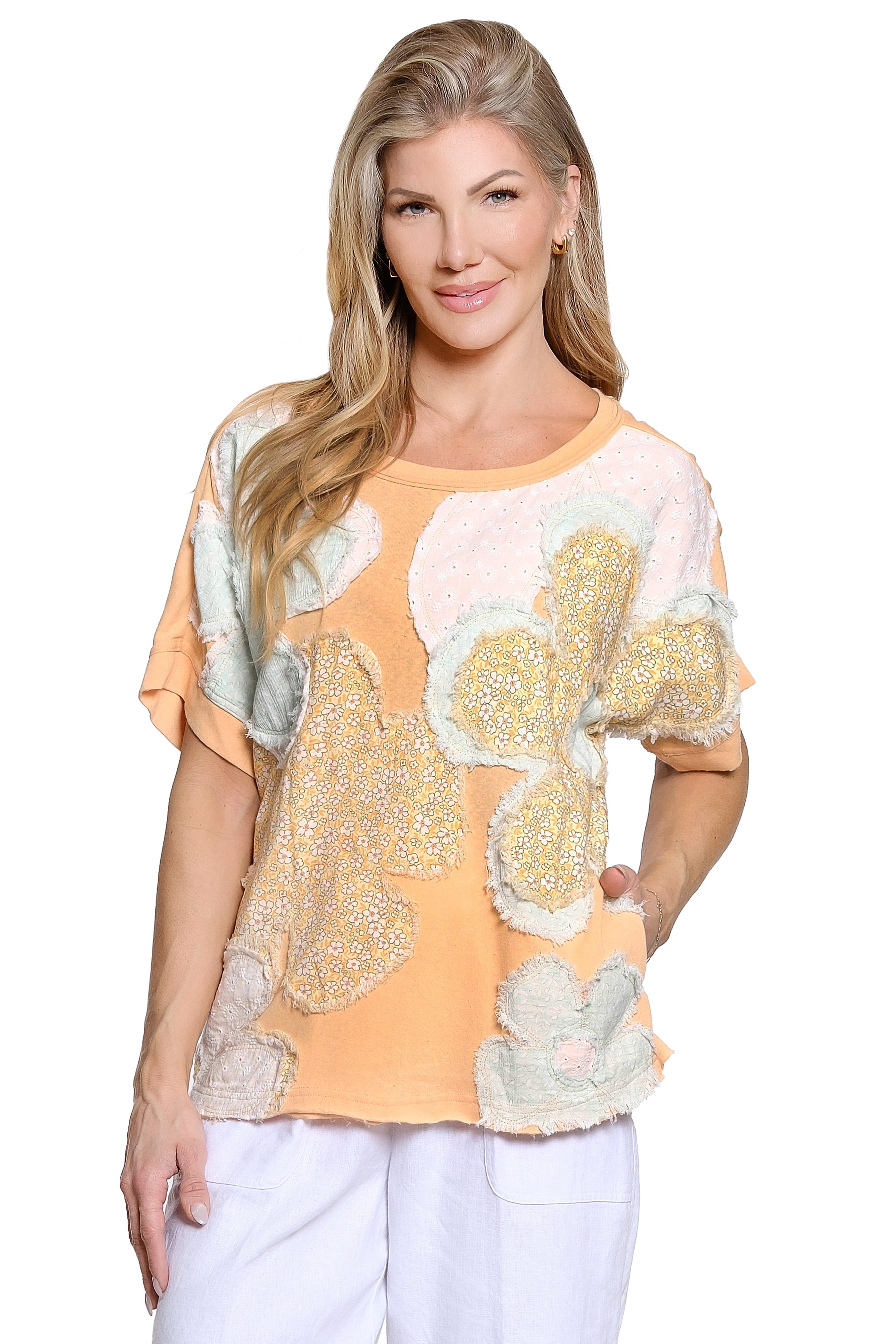 Knit Pop-Over with Floral Appliqué - Cantaloupe